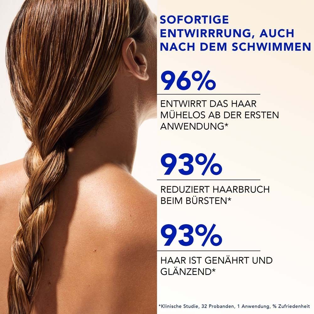 Rückansicht einer Frau mit geflochtenem Haar und Text über Haarentwirrung.