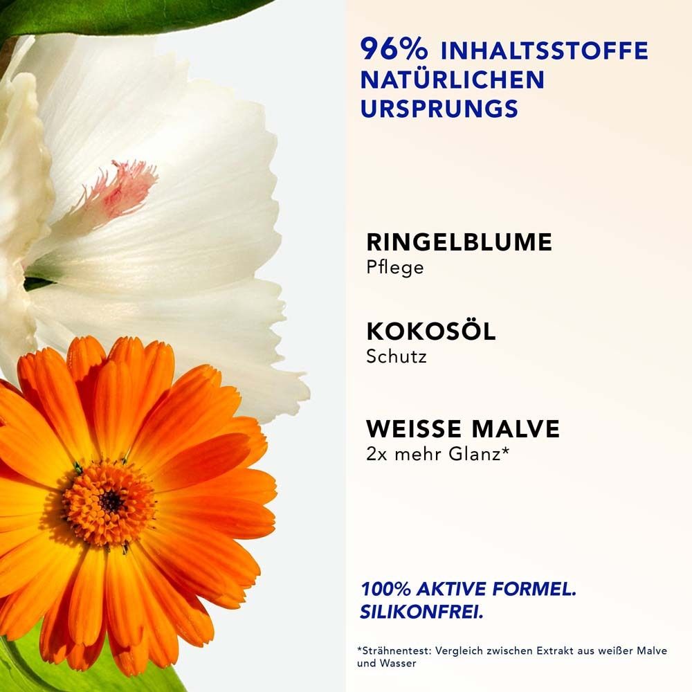 Nahaufnahme von Blumen und Text über Inhaltsstoffe wie Ringelblume und Kokosöl.