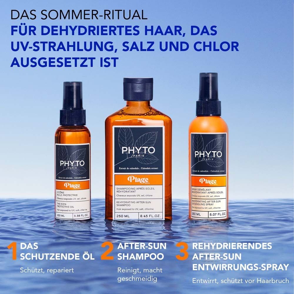 Drei PHYTO Paris Plage Produkte im Wasser: Öl, Shampoo und Entwirrungsspray.
