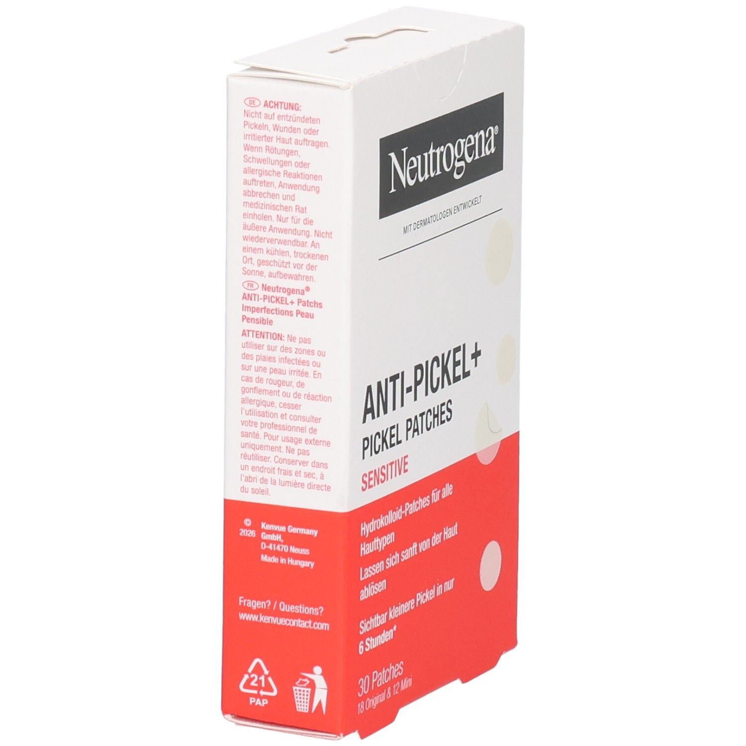 Rückseite der Neutrogena Anti-Pickel+ Pickel Patches Sensitive Packung mit Anwendungshinweisen und Warnhinweisen.