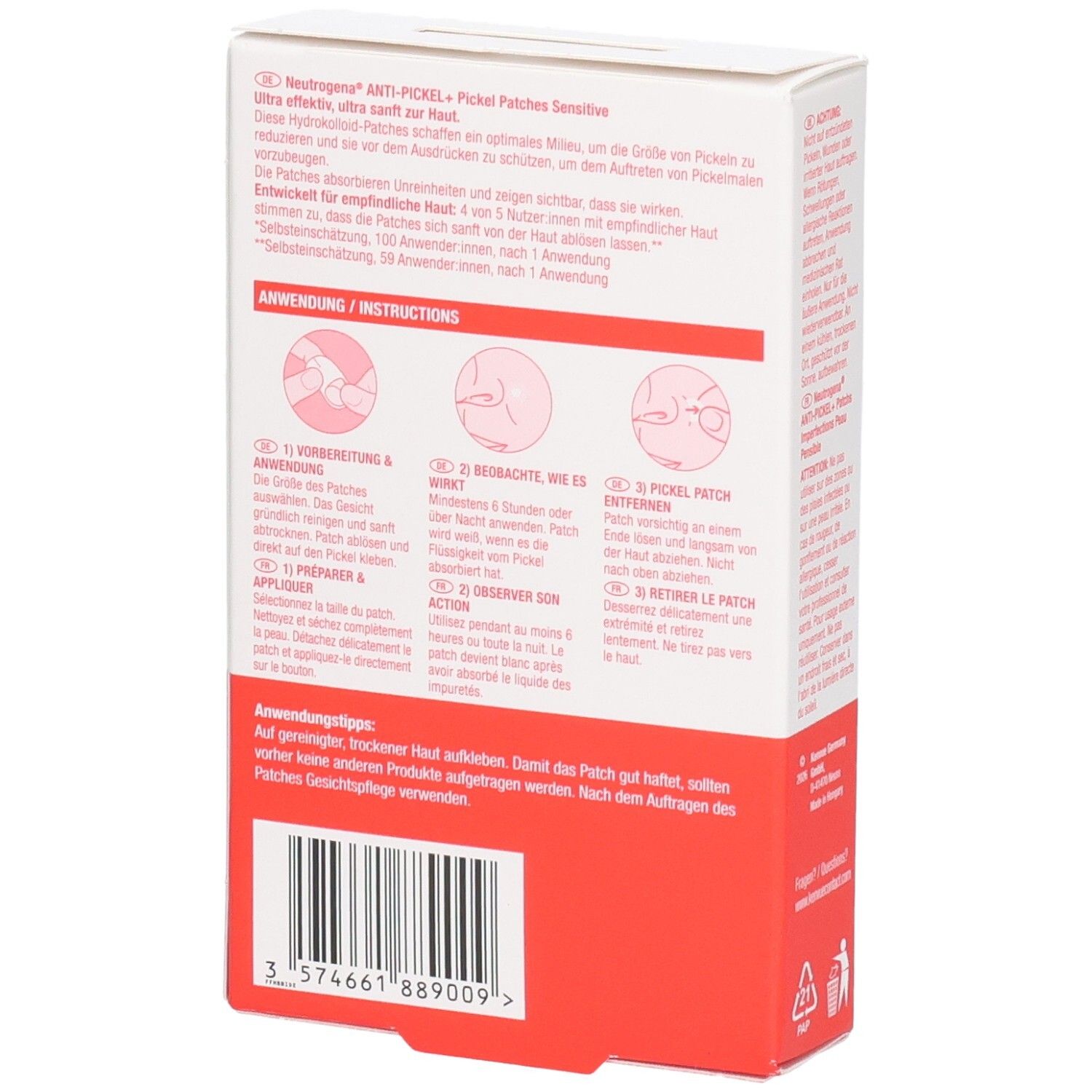 Rückseite der Neutrogena Anti-Pickel+ Pickel Patches Sensitive Packung mit detaillierten Anwendungshinweisen und Illustrationen.