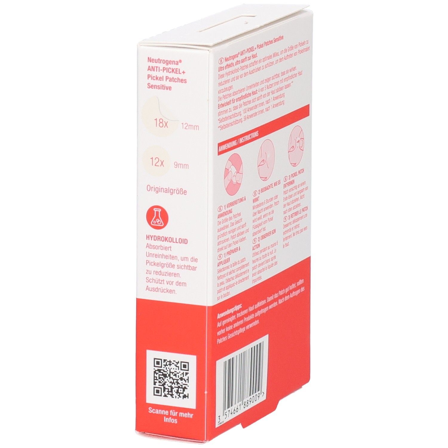 Seitenansicht der Neutrogena Anti-Pickel+ Pickel Patches Sensitive Packung, zeigt Größen und Hydrokolloid-Informationen.