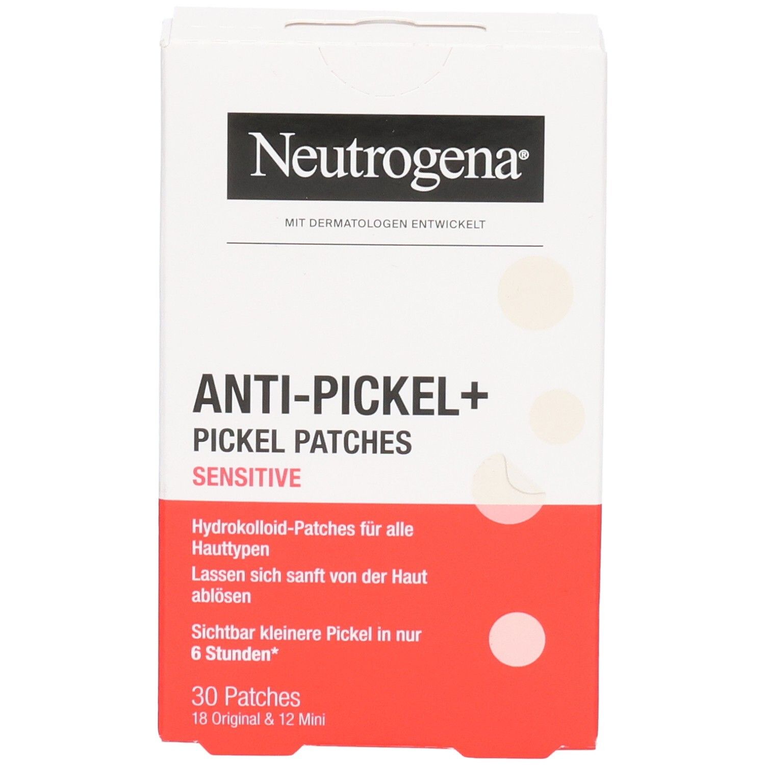 Seitenansicht der Neutrogena Anti-Pickel+ Pickel Patches Sensitive Packung, zeigt Größen und Hydrokolloid-Informationen.