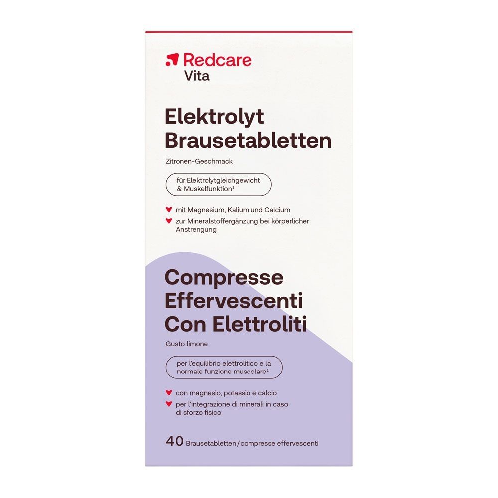 Verpackung der Redcare Elektrolyt Brausetabletten mit Zitrone Geschmack.