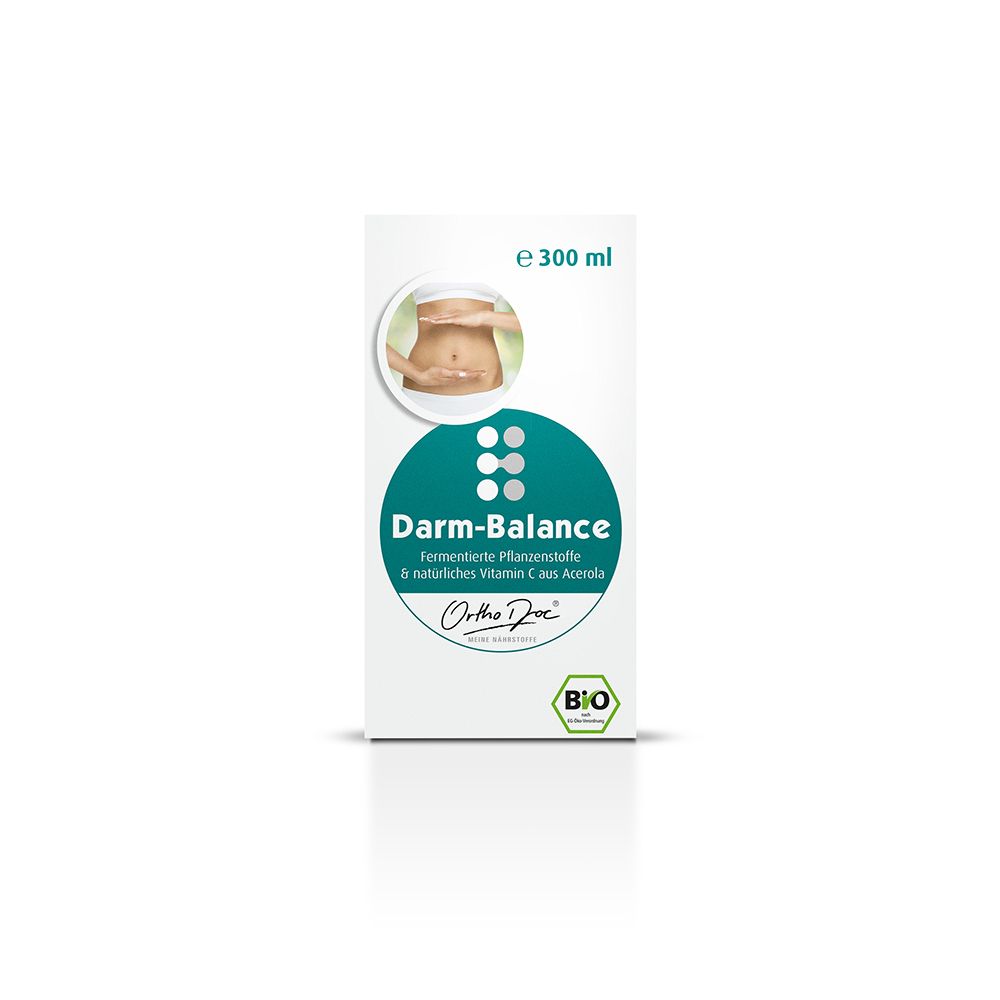 Verpackung von Darm-Balance: Karton mit Etikett, "e 300 ml", "Darm-Balance" und Bio-Siegel.