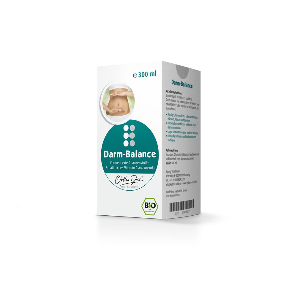 Verpackung von Darm-Balance von der Seite, mit Etikett, "e 300 ml", "Darm-Balance" und Bio-Siegel.