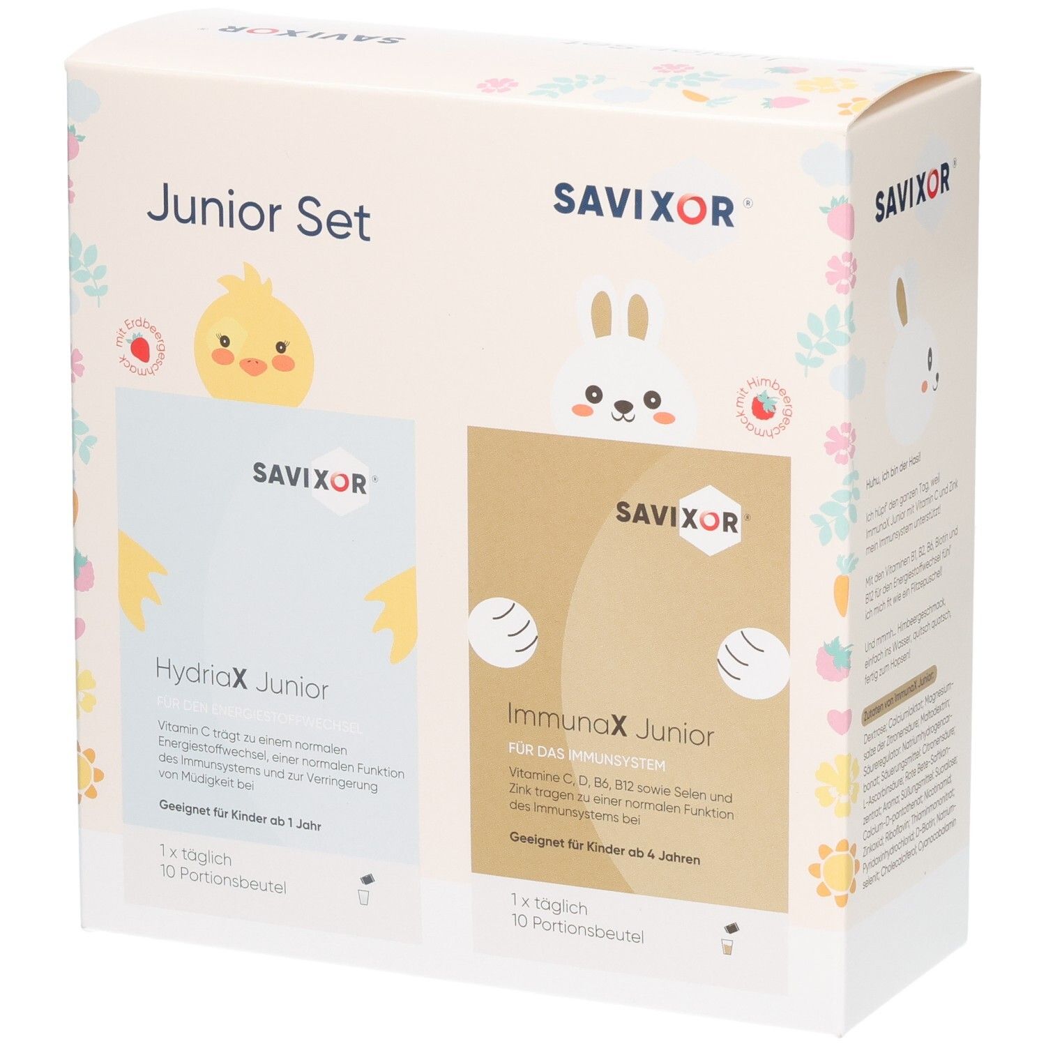 Savixor Junior Set Karton mit zwei Packungen: HydriaX Junior und ImmunaX Junior. Bunt mit Tiermotiven.