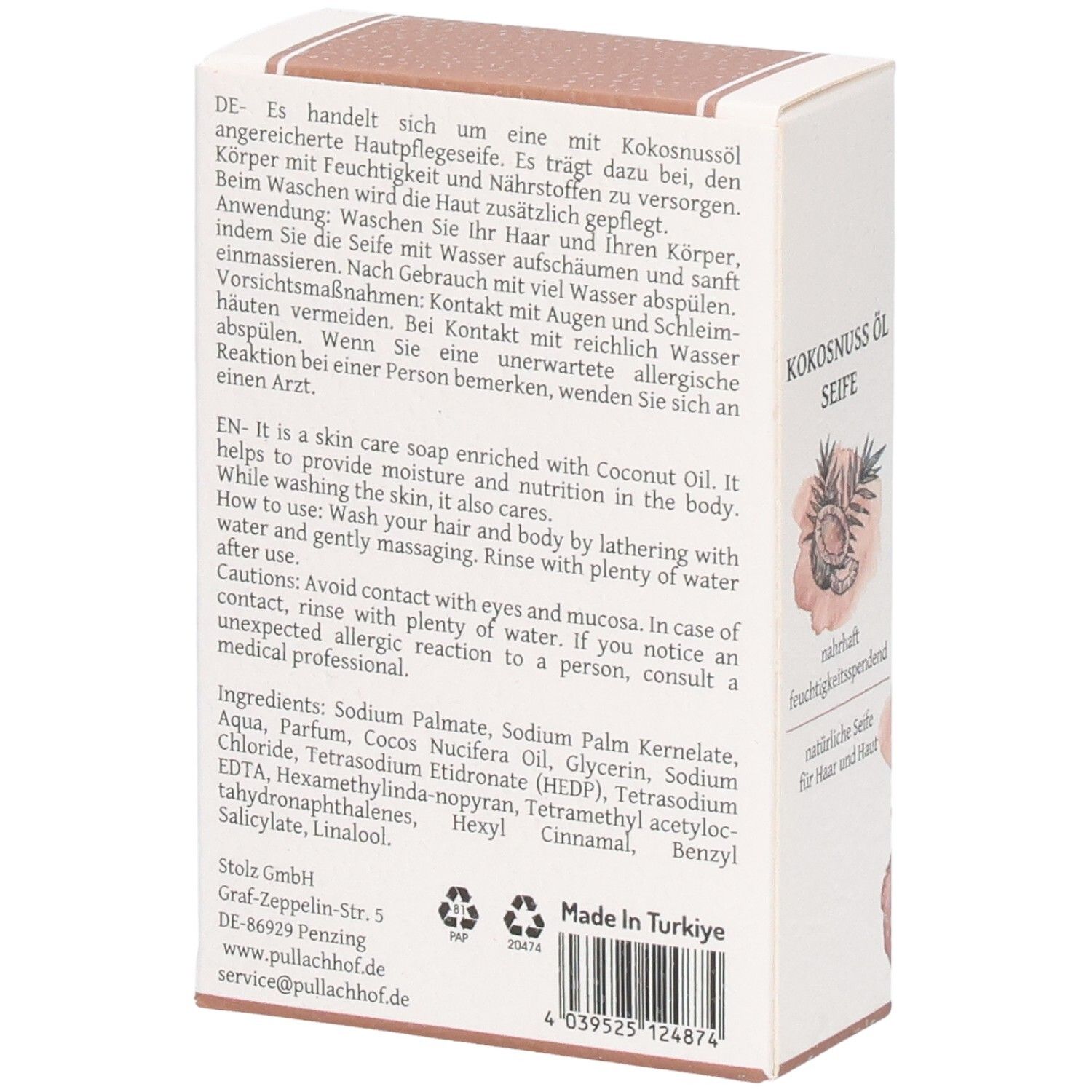 Seifenverpackung mit Kokosnussöl-Aufschrift und Inhaltsstoffen.