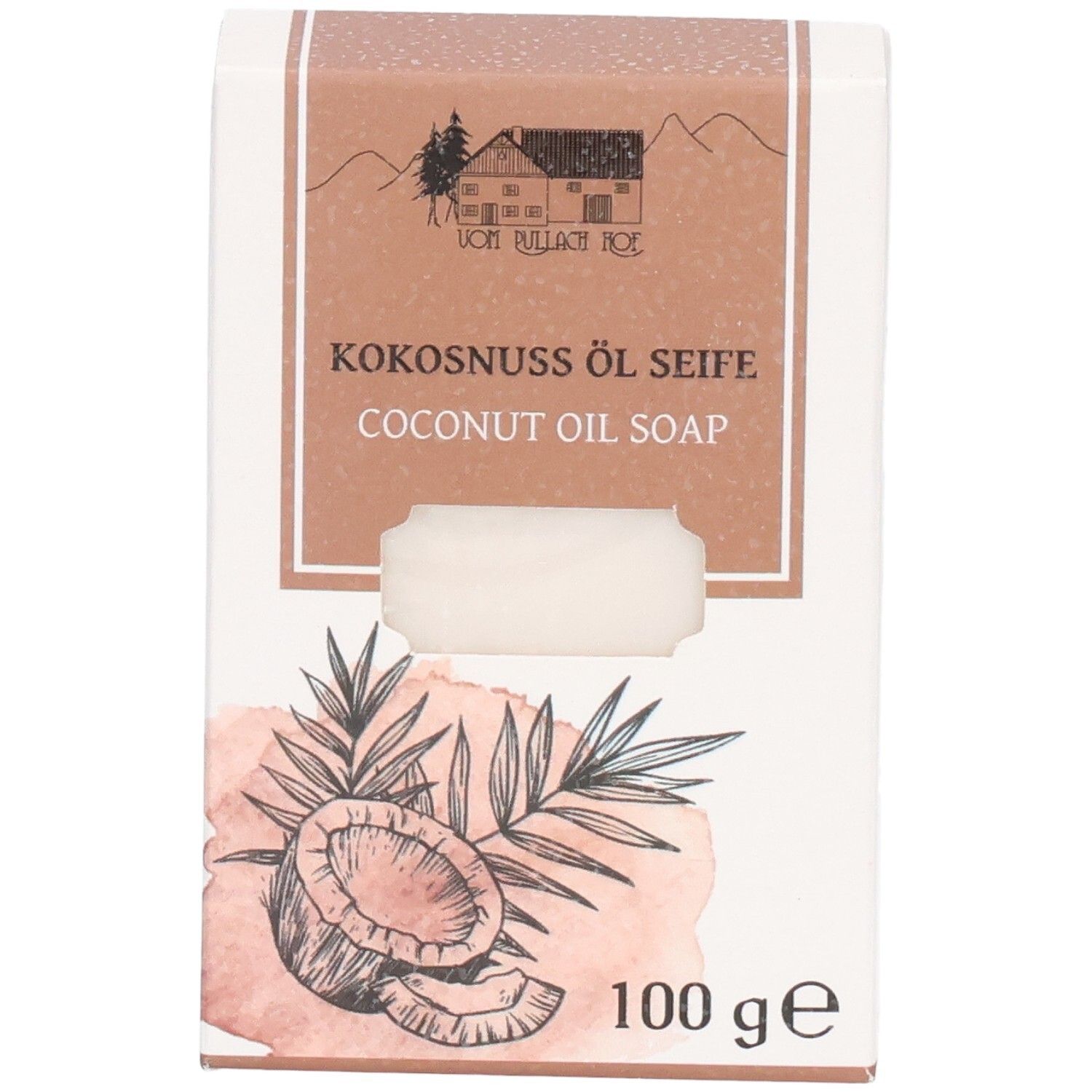 Verpackung für Kokosnuss Öl Seife, 100g, mit Kokosnuss- und Palmenblatt-Illustration.