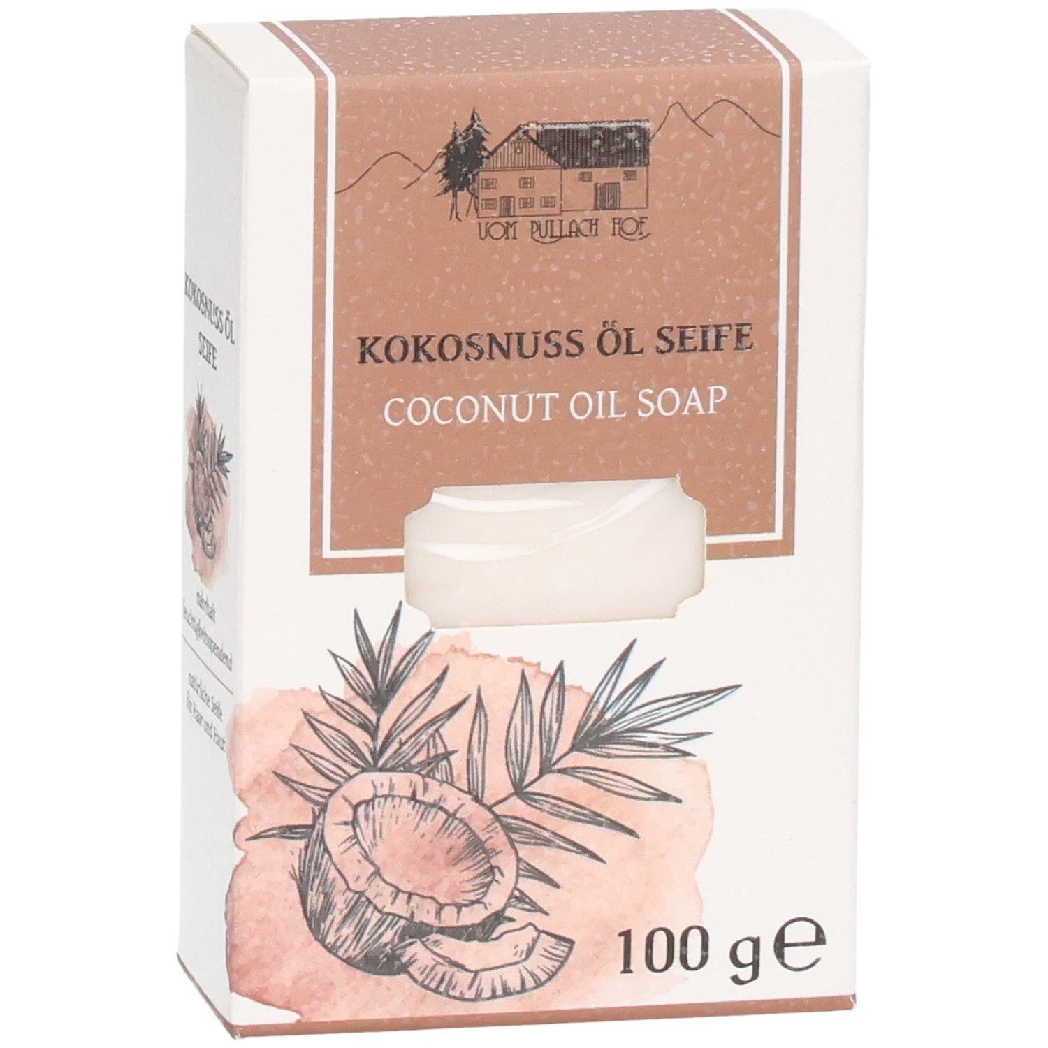 Verpackung für Kokosnussölseife, 100g, mit Kokosnuss-Illustration.