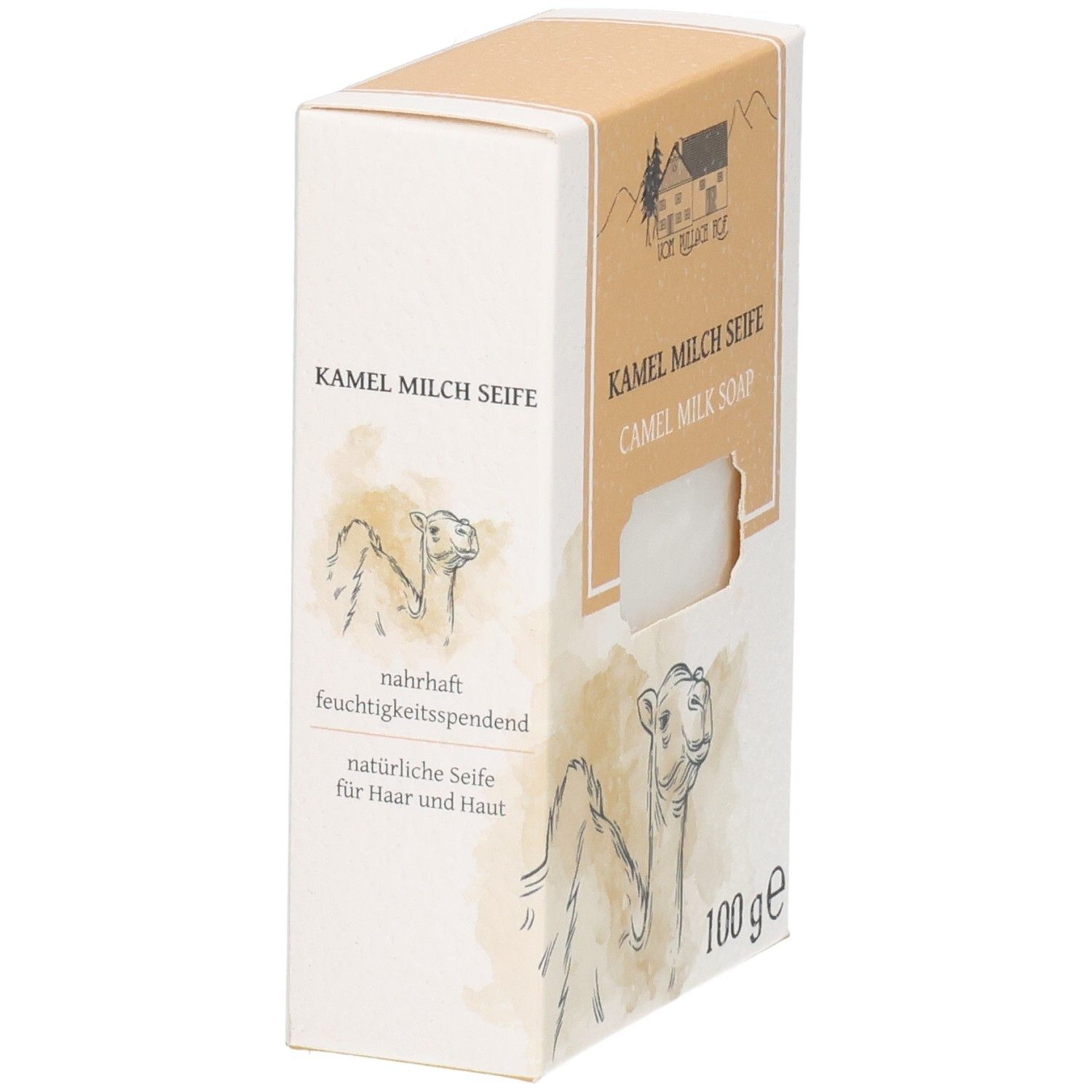 Verpackung für Kamelmilchseife, 100g. Enthält Abbildungen von Kamelen und Text.