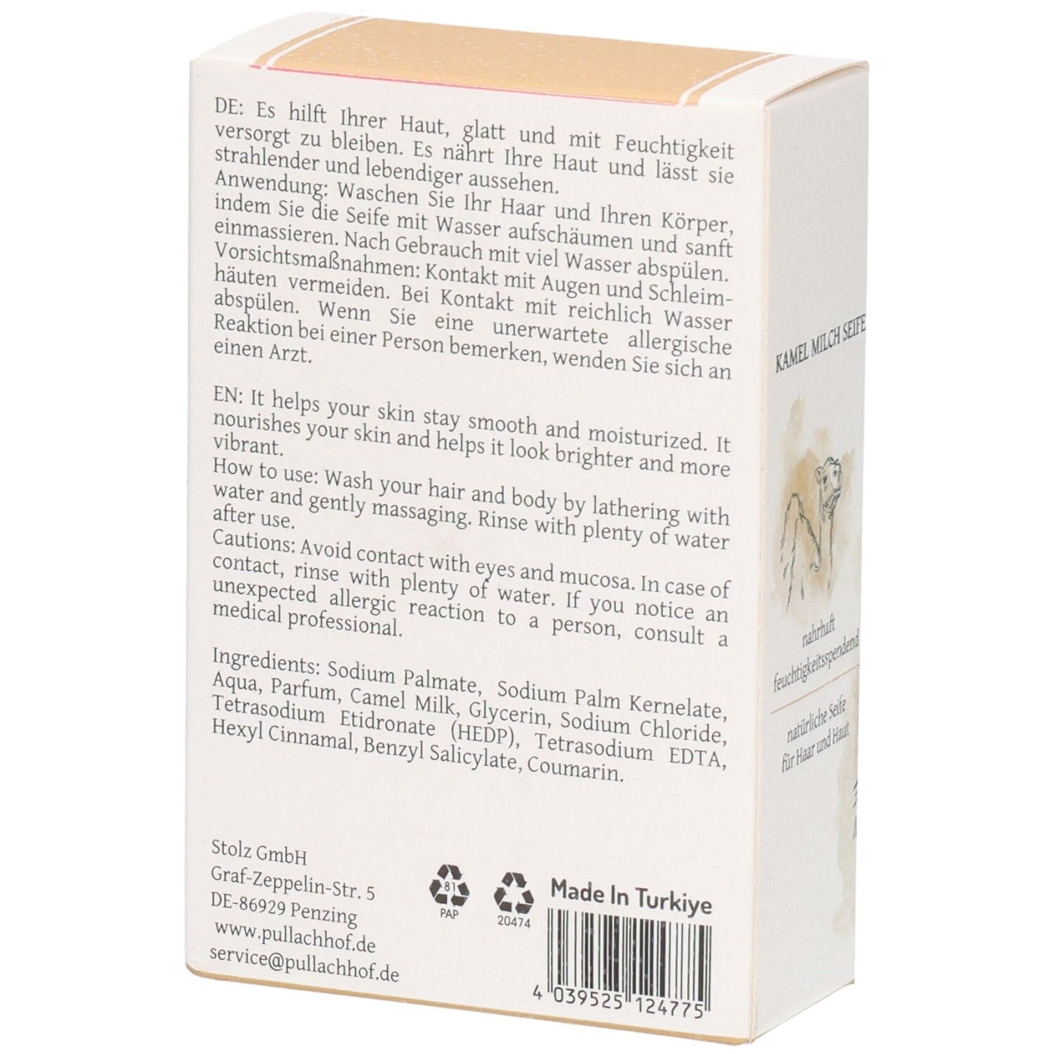 Verpackung für Kamelmilchseife mit Anwendungshinweisen und Inhaltsstoffen.