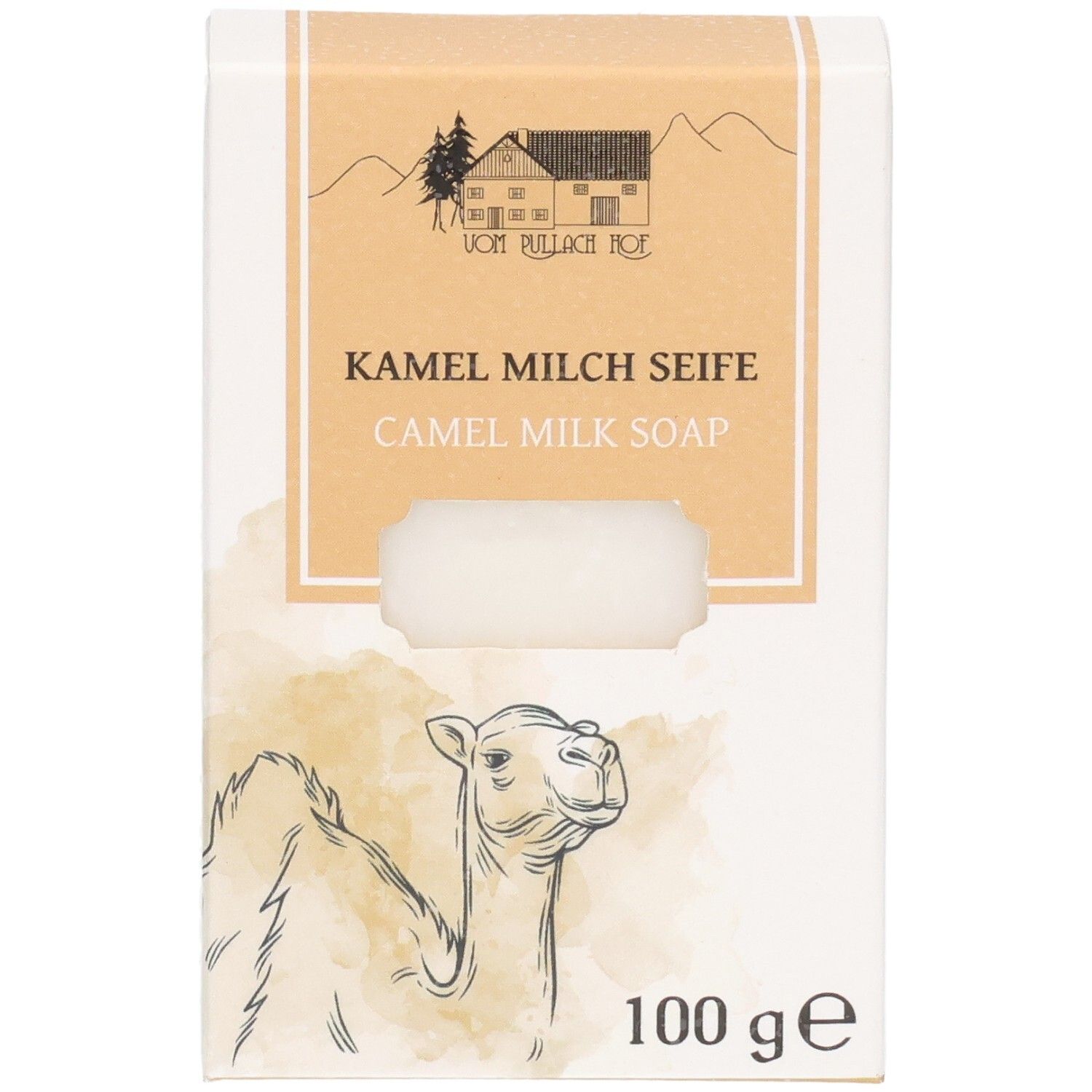 Verpackung für Kamelmilchseife, 100g, mit Kamelzeichnung und Hof-Logo.