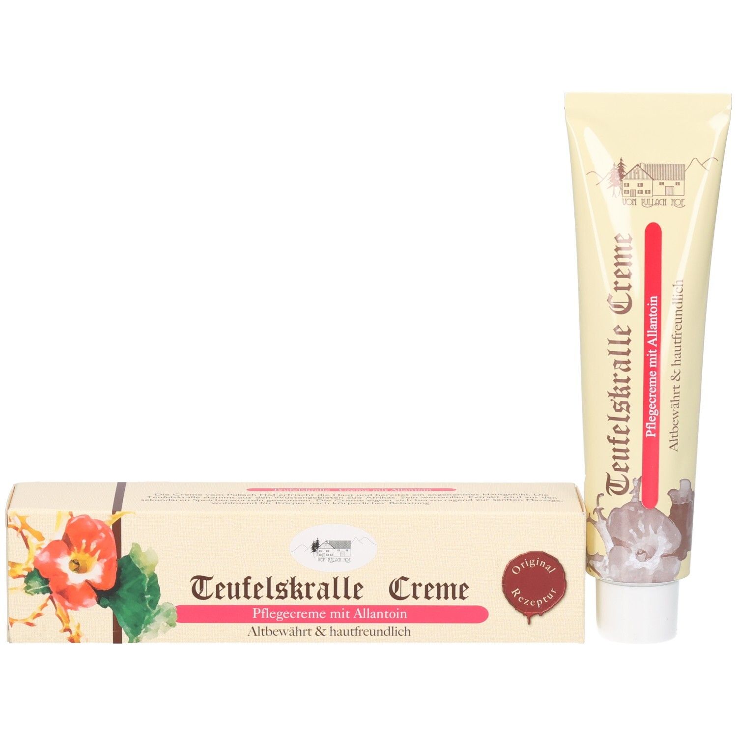 Creme-Tube und Karton mit Teufelskralle und Allantoin Aufschrift. Beige und rote Farbgebung.