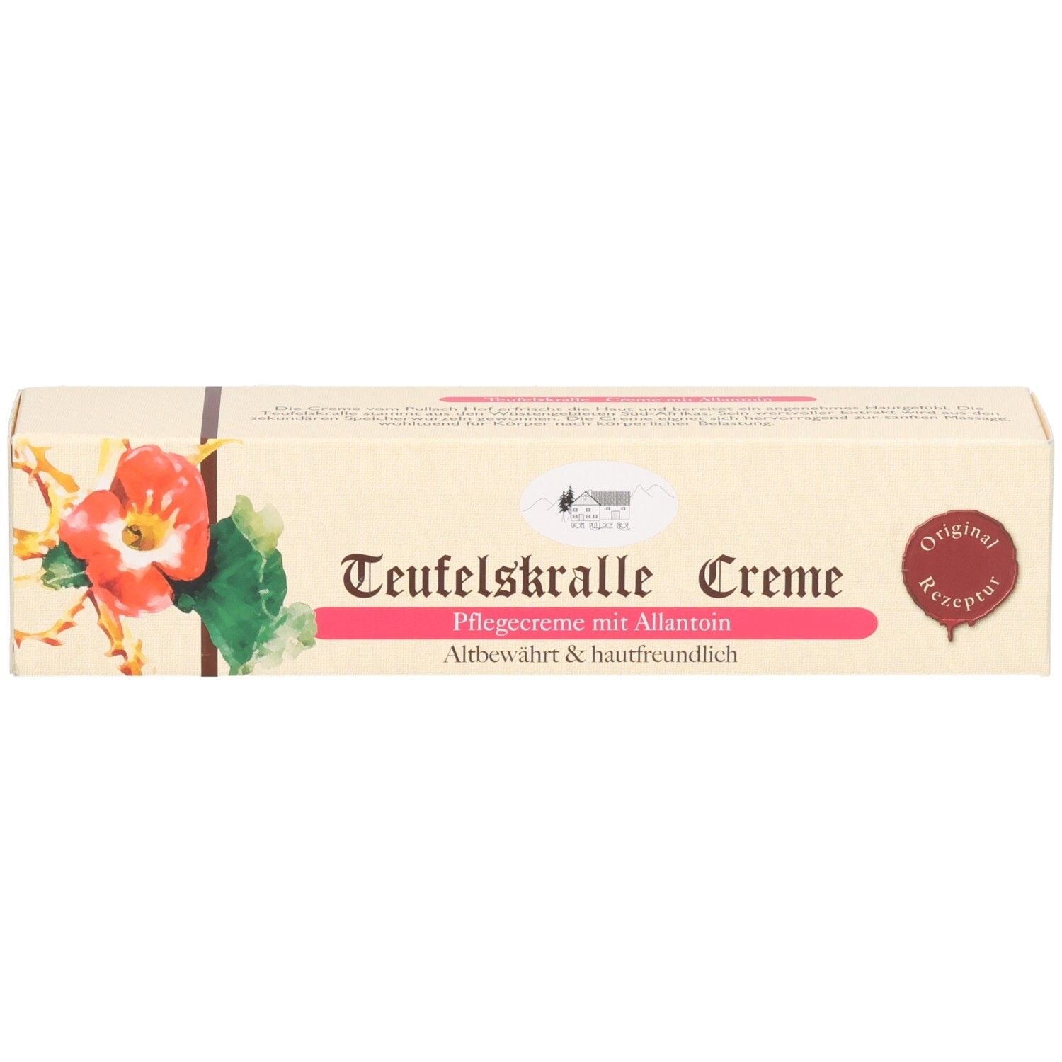 Creme-Verpackung mit Teufelskralle-Blumenmotiv und Text 'Teufelskralle Creme Pflegecreme mit Allantoin'.