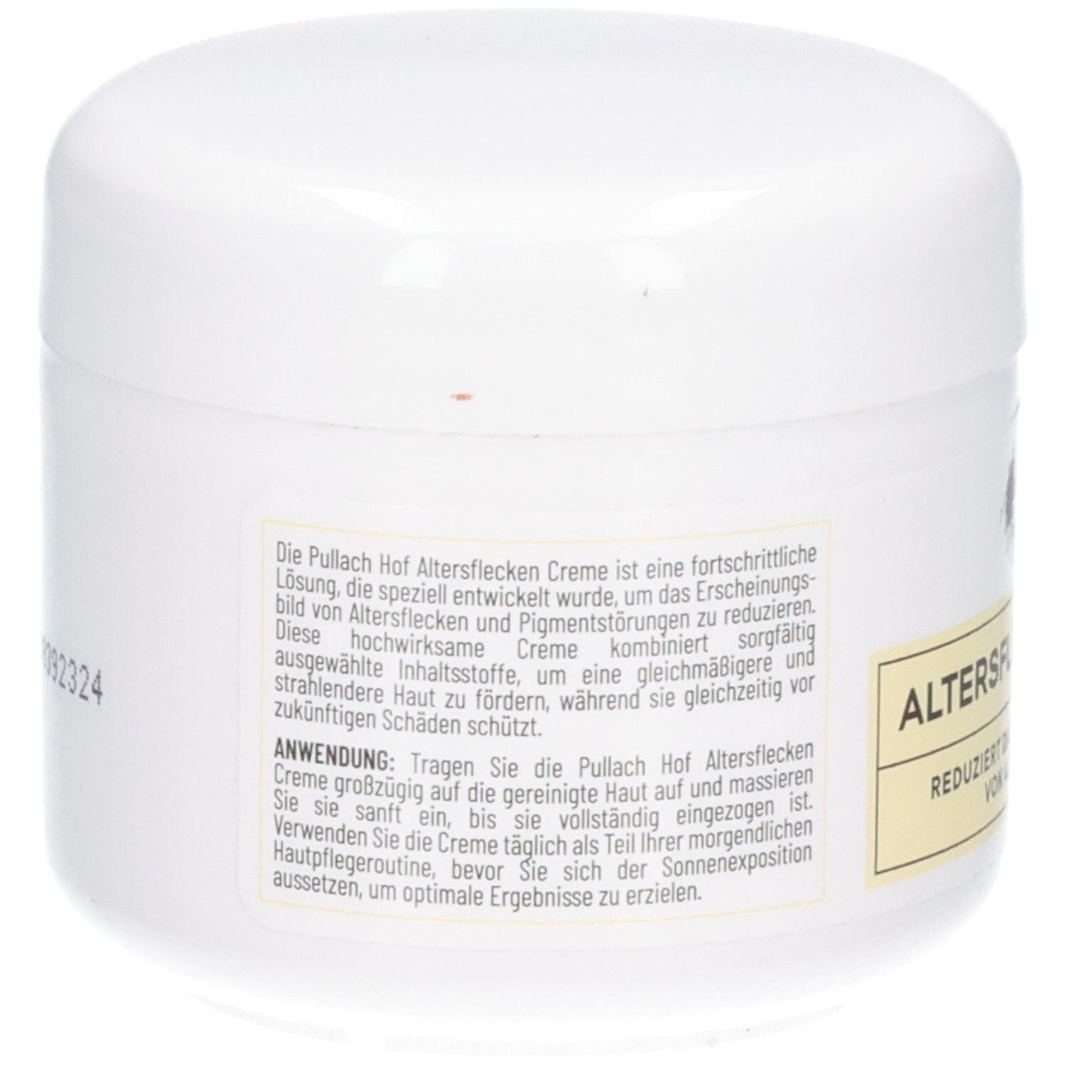 Rückseite einer weißen Dose mit detaillierter Produktbeschreibung und Anwendungshinweisen für ALTERSFLECKEN CREME.