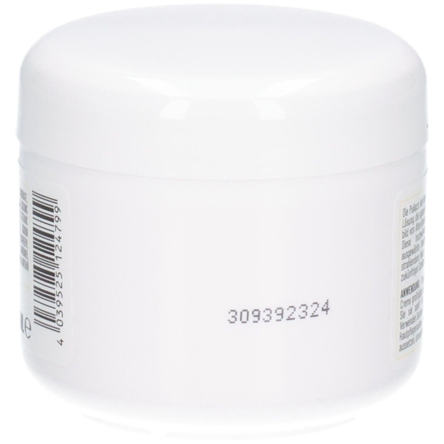 Seite einer weißen Dose mit Barcode und Chargennummer. ALTERSFLECKEN CREME.