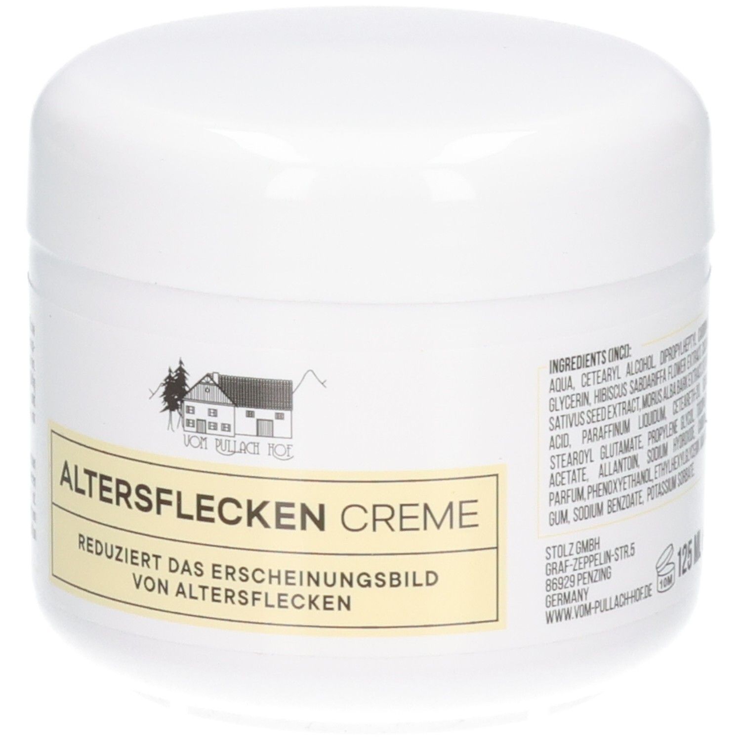 Weiße Dose mit gelbem Etikett: ALTERSFLECKEN CREME, reduziert das Erscheinungsbild von Altersflecken. Enthält Inhaltsstoffliste.