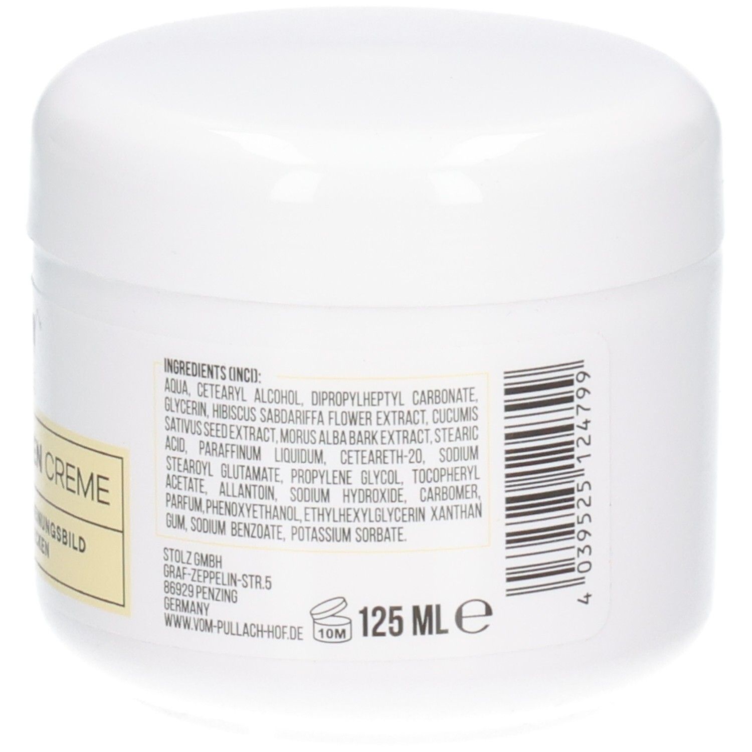 Weiße Dose mit Etikett: Inhaltsstoffe, Herstelleradresse und 125 ml Angabe für ALTERSFLECKEN CREME.
