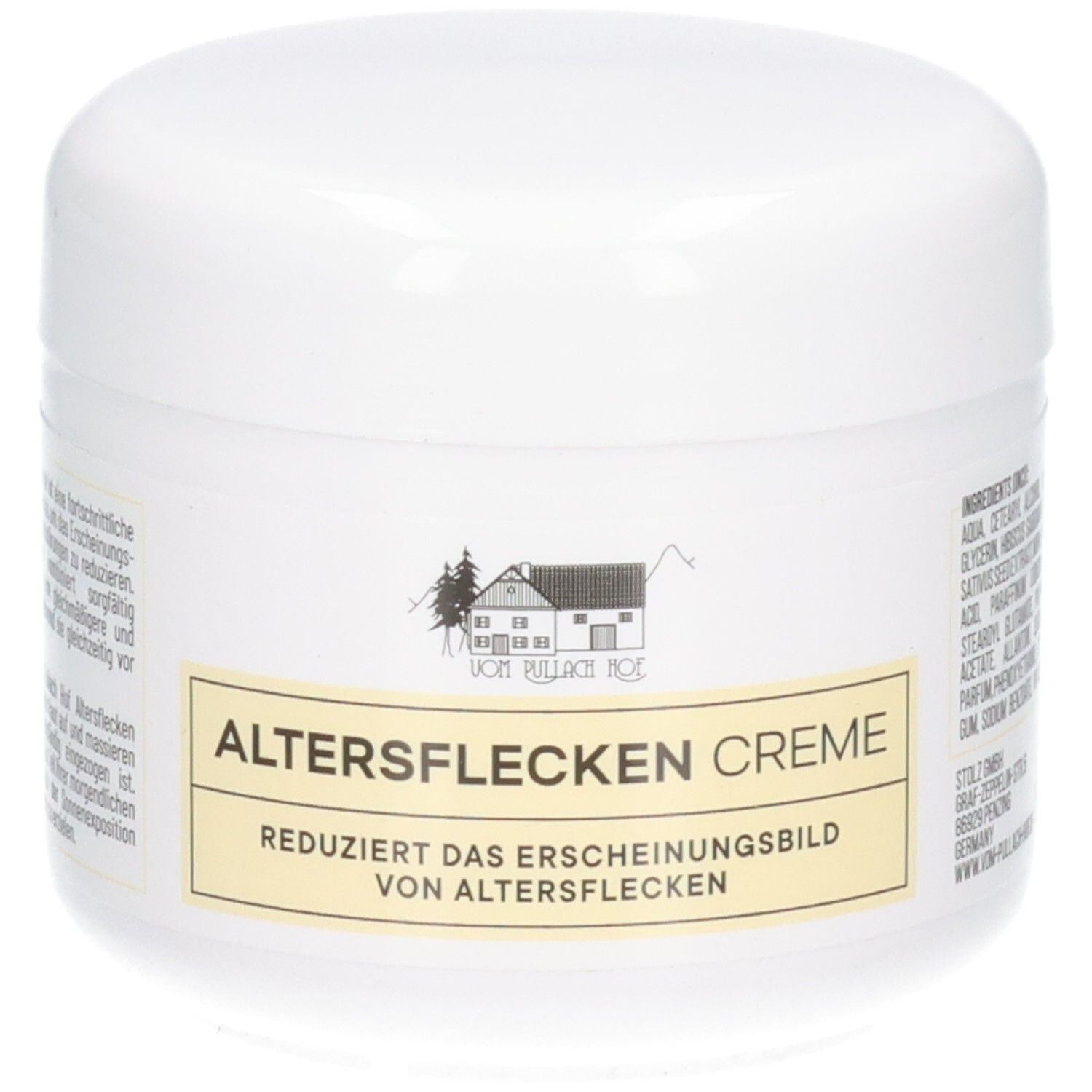 Weiße Dose mit gelbem Etikett: ALTERSFLECKEN CREME, reduziert das Erscheinungsbild von Altersflecken. Logo mit Haus und Bäumen.