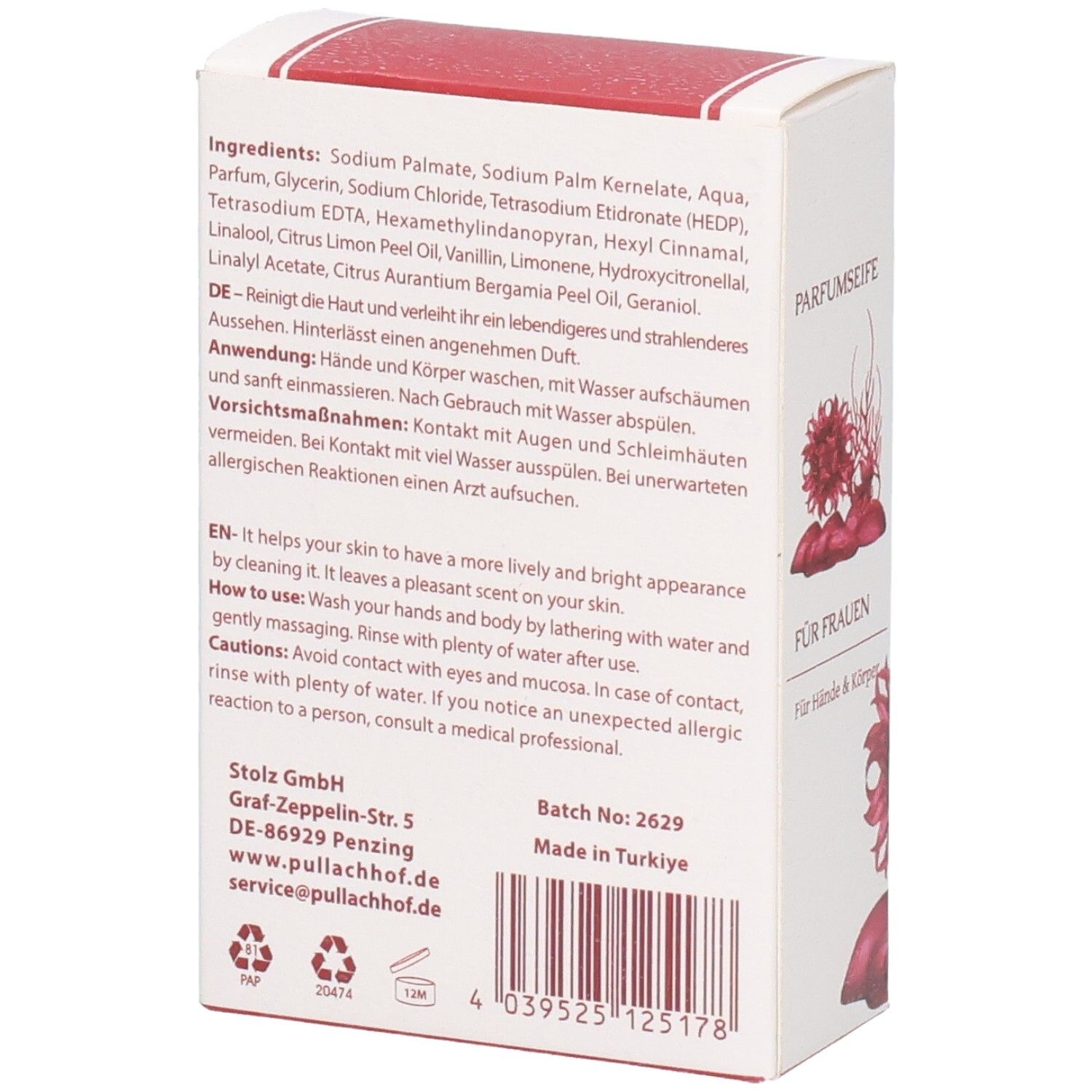 Rückseite der Verpackung mit Inhaltsstoffen und Anwendungshinweisen für Parfümseife.