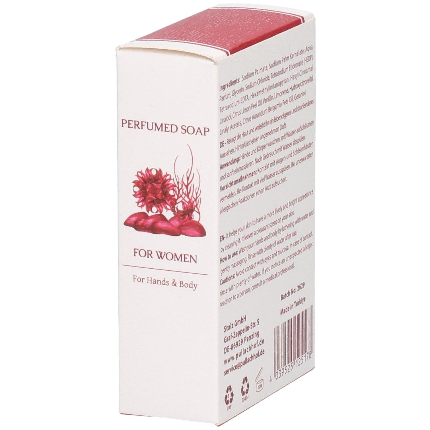 Seite der Verpackung mit Anwendungshinweisen für Parfümseife für Hände & Körper.