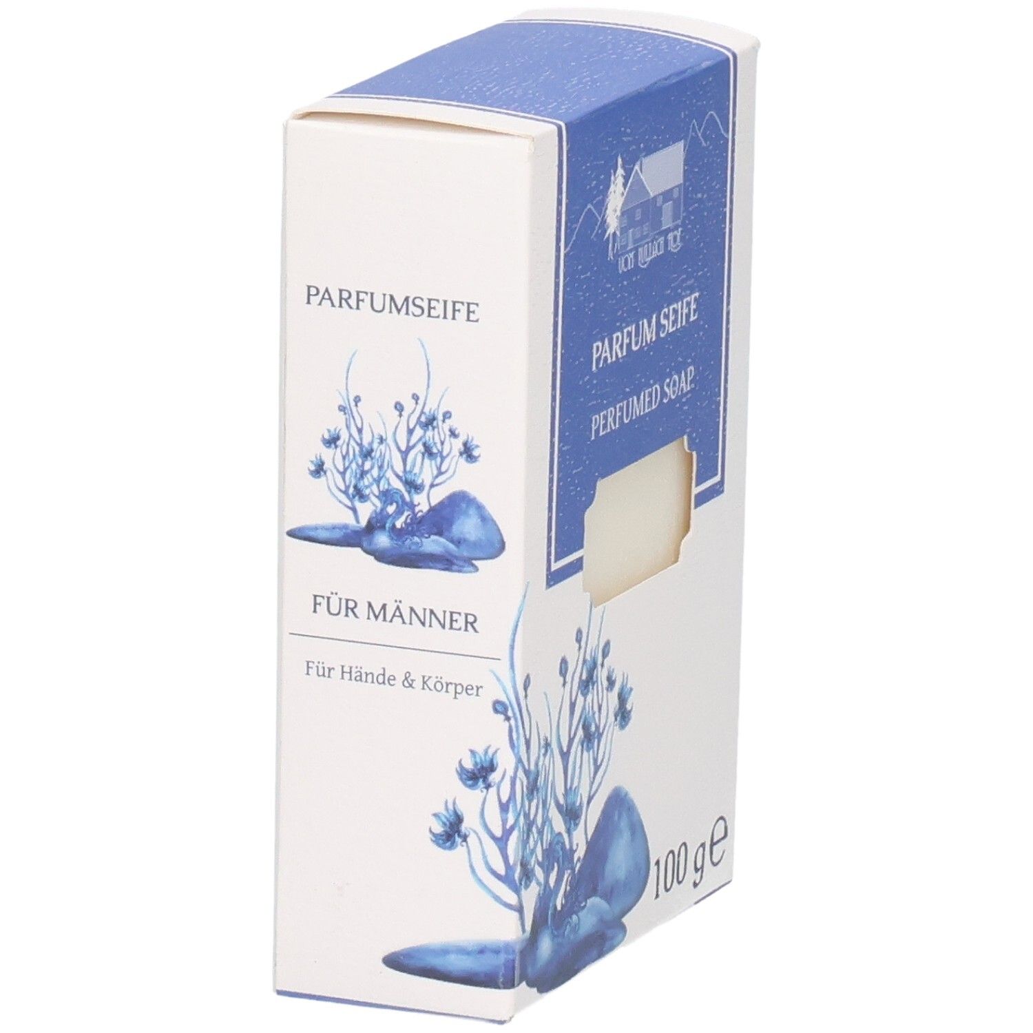 Verpackung mit "PARFUMSEIFE FÜR MÄNNER" Aufschrift und einer 100g Angabe.