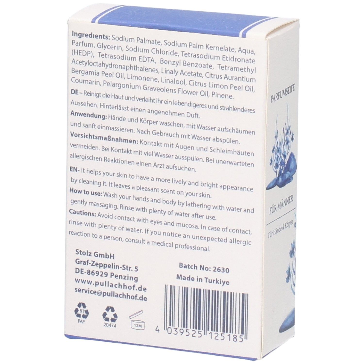 Rückseite der Verpackung mit Inhaltsstoffen, Anwendungshinweisen und Herstellerangaben.