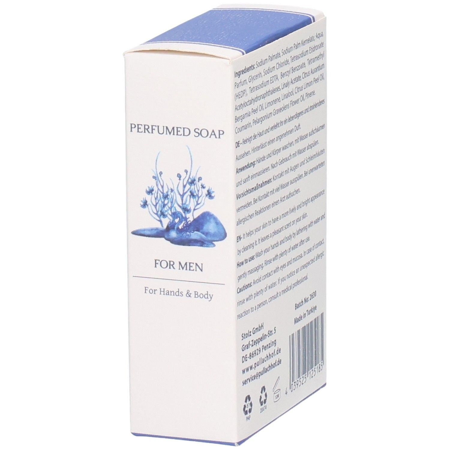Seitenansicht der Verpackung mit "PERFUMED SOAP FOR MEN" und "For Hands & Body" Aufschrift.