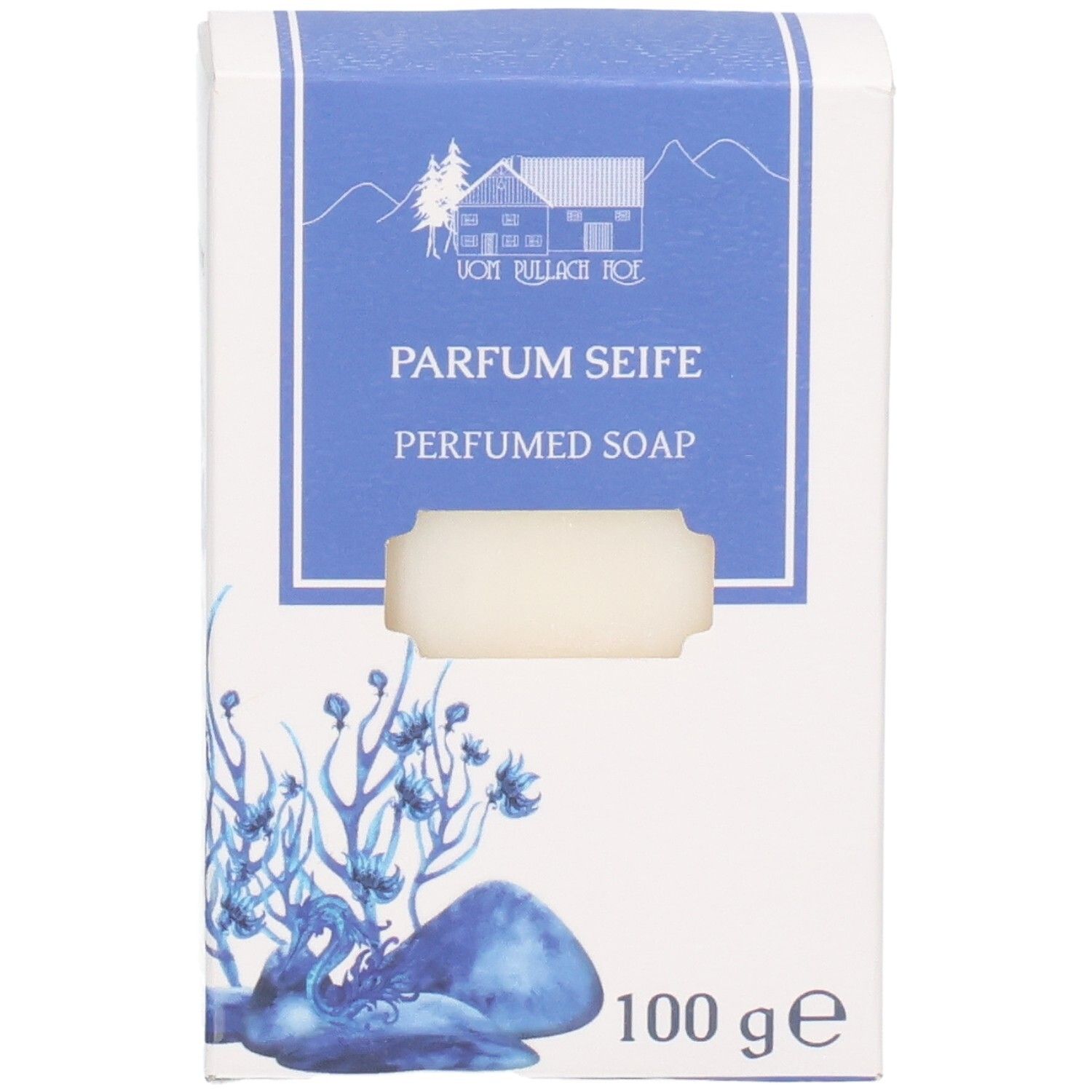 Verpackung mit "PARFUM SEIFE PERFUMED SOAP" Aufschrift und einer 100g Angabe.