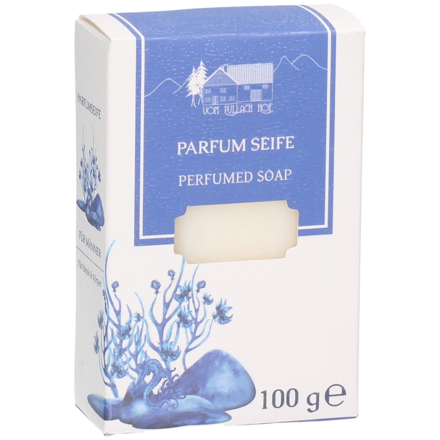 Verpackung mit "PARFUM SEIFE PERFUMED SOAP" Aufschrift und einer 100g Angabe.