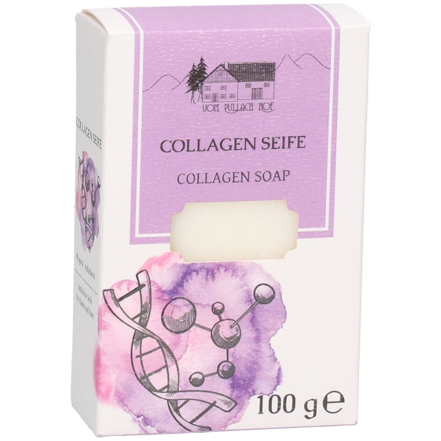Verpackung für Kollagen-Seife, 100g, mit Abbildung eines Hauses und molekularem Modell.