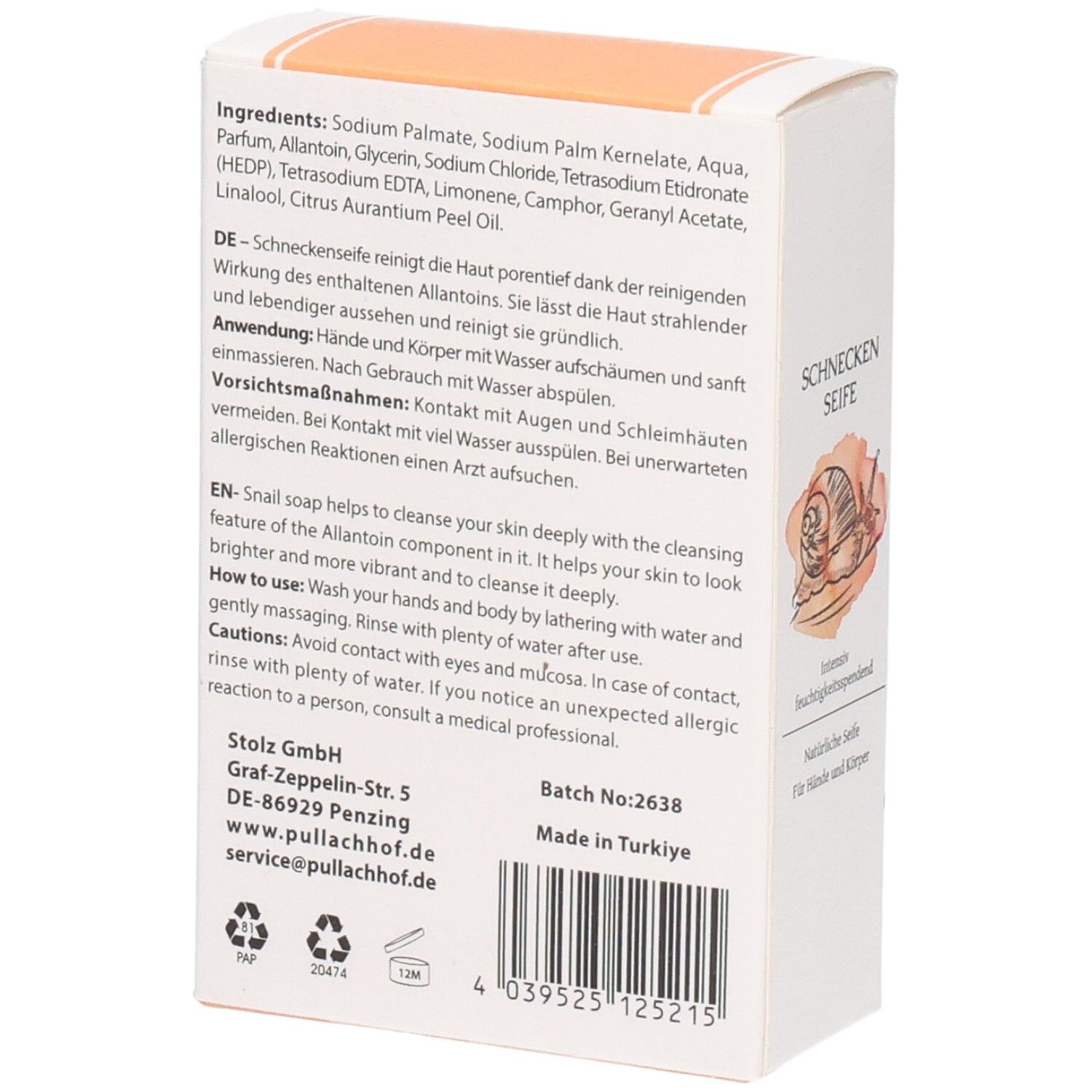 Verpackung einer Schneckenseife mit Inhaltsstoffen und Anwendungshinweisen.