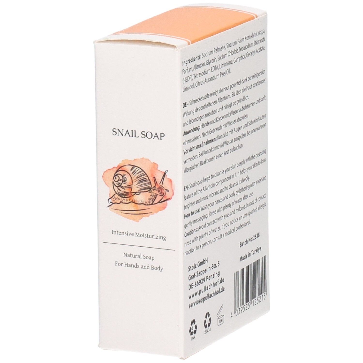 Verpackung für Snail Soap, intensive Feuchtigkeitspflege, natürliche Seife für Hände und Körper.