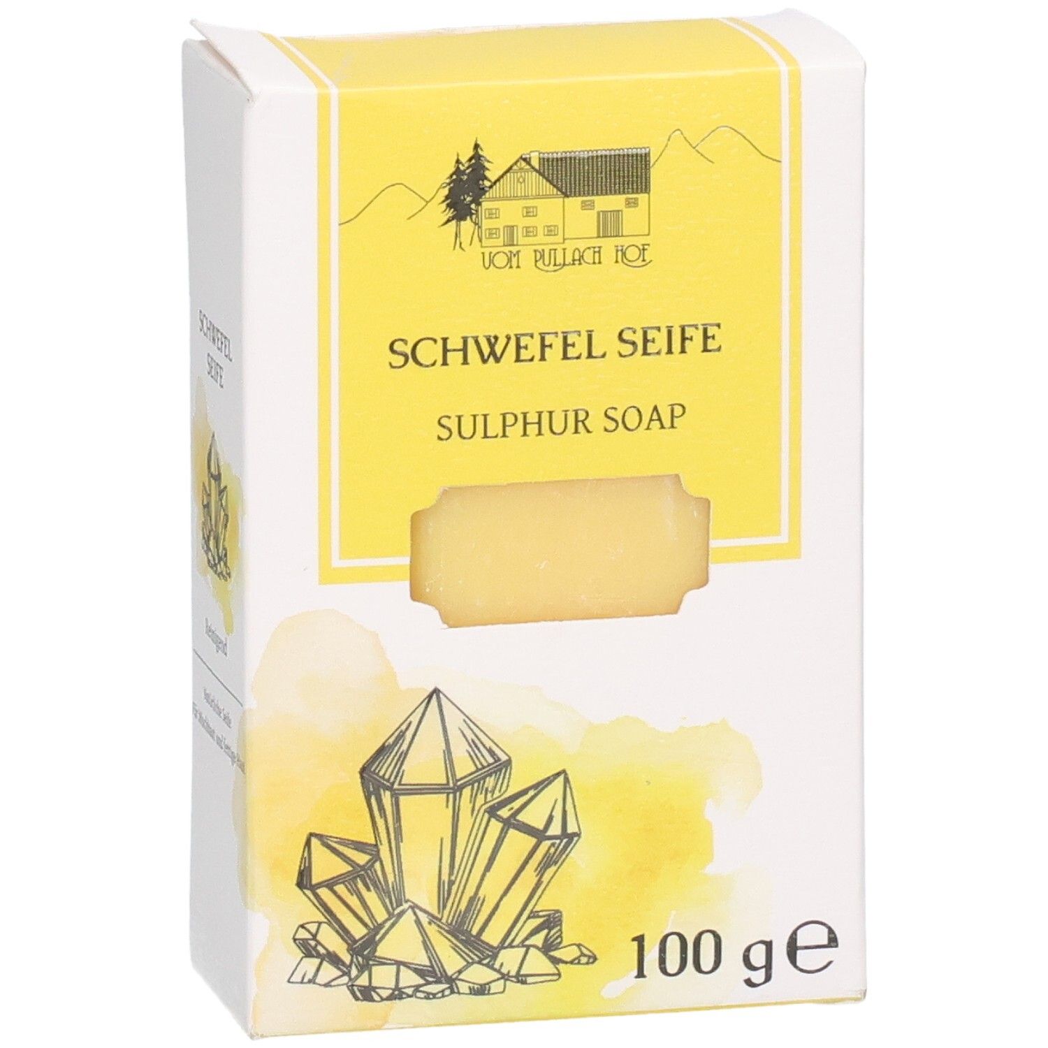 Verpackung für Schwefel Seife, 100g. Zeigt ein Haus, Berge und Kristalle.