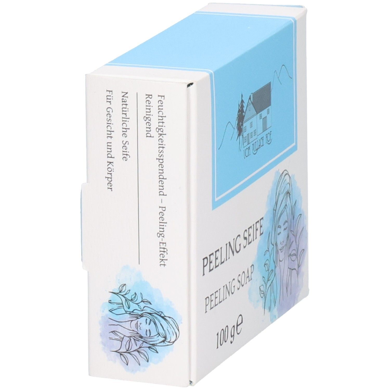 Verpackung für 100g Peelingseife, feuchtigkeitsspendend, reinigend, für Gesicht und Körper.