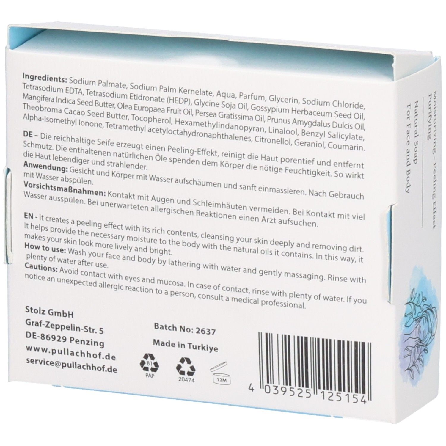 Verpackung einer natürlichen Peeling-Seife mit Inhaltsstoffen und Anwendungshinweisen.