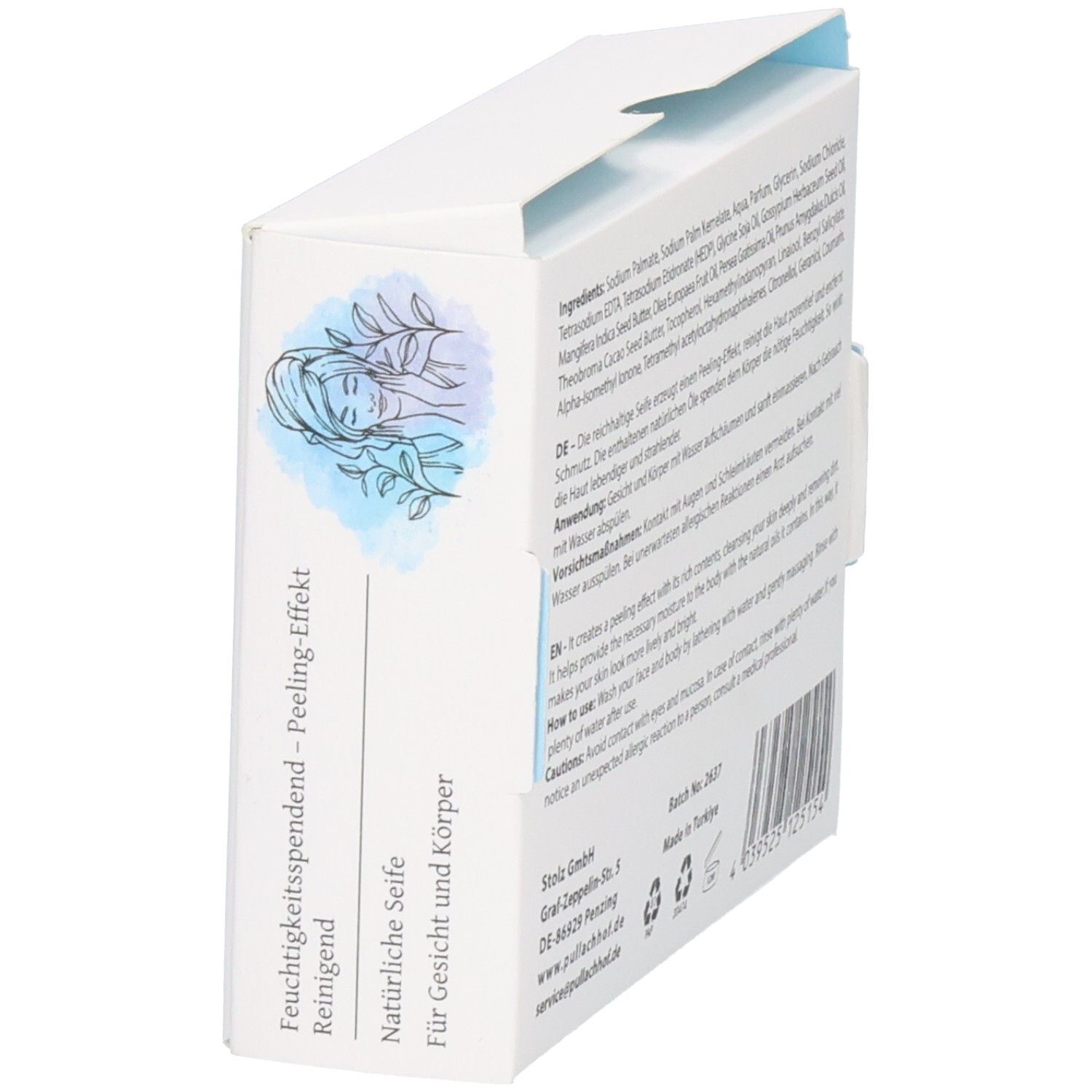Weiße Seifenverpackung mit Illustration einer Frau und Text: Feuchtigkeitsspendend - Peeling-Effekt, Reinigend, Natürliche Seife, Für Gesicht und Körper.