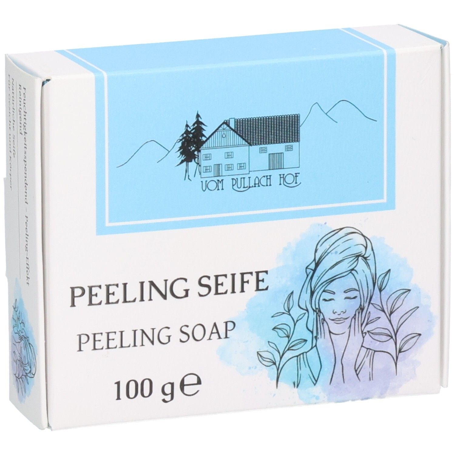 Verpackung für 100g Peelingseife mit Abbildung eines Hauses und einer Frau mit Handtuch.