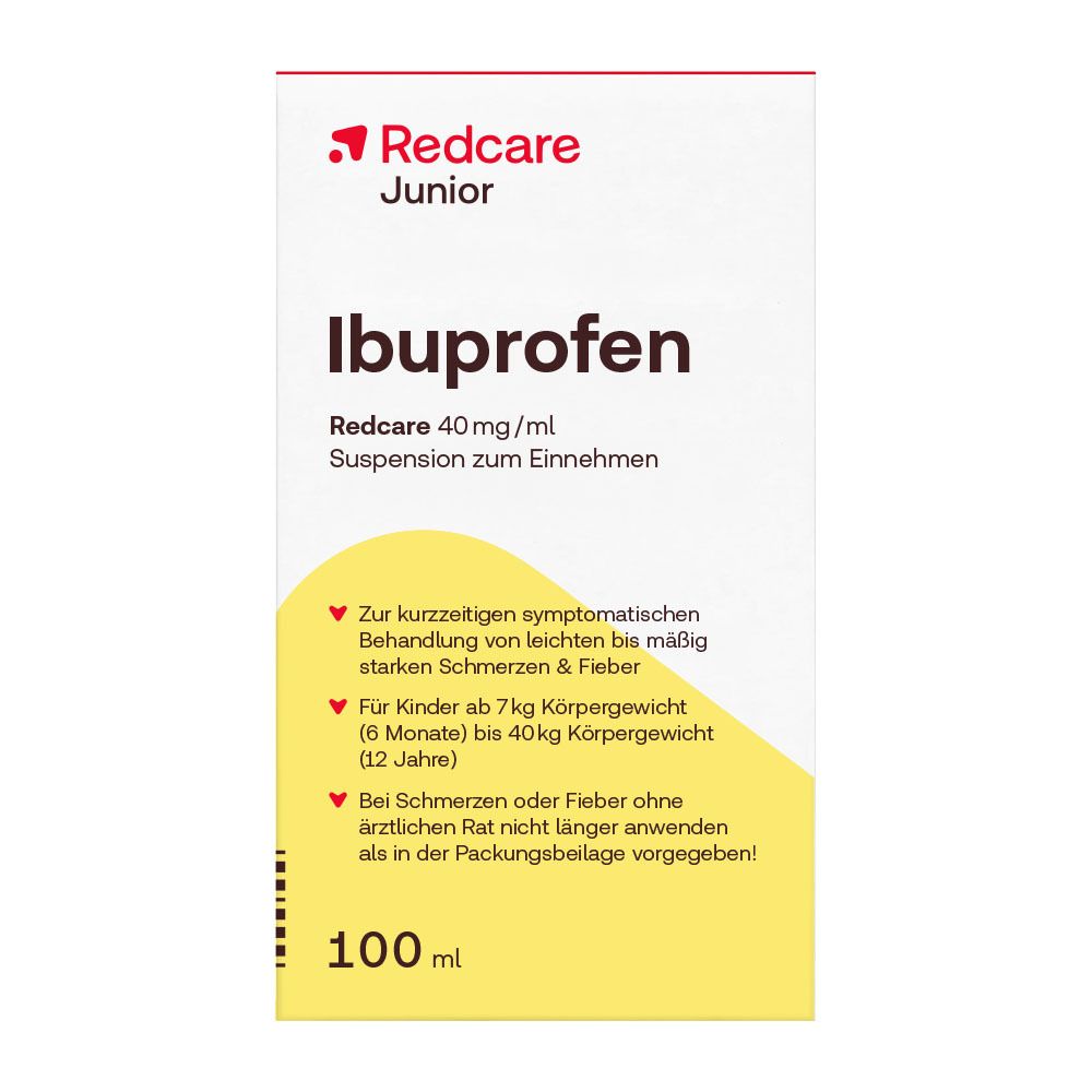 Verpackung von Redcare Junior Ibuprofen Suspension zum Einnehmen, 100 ml, mit Informationen für Kinder ab 7 kg.