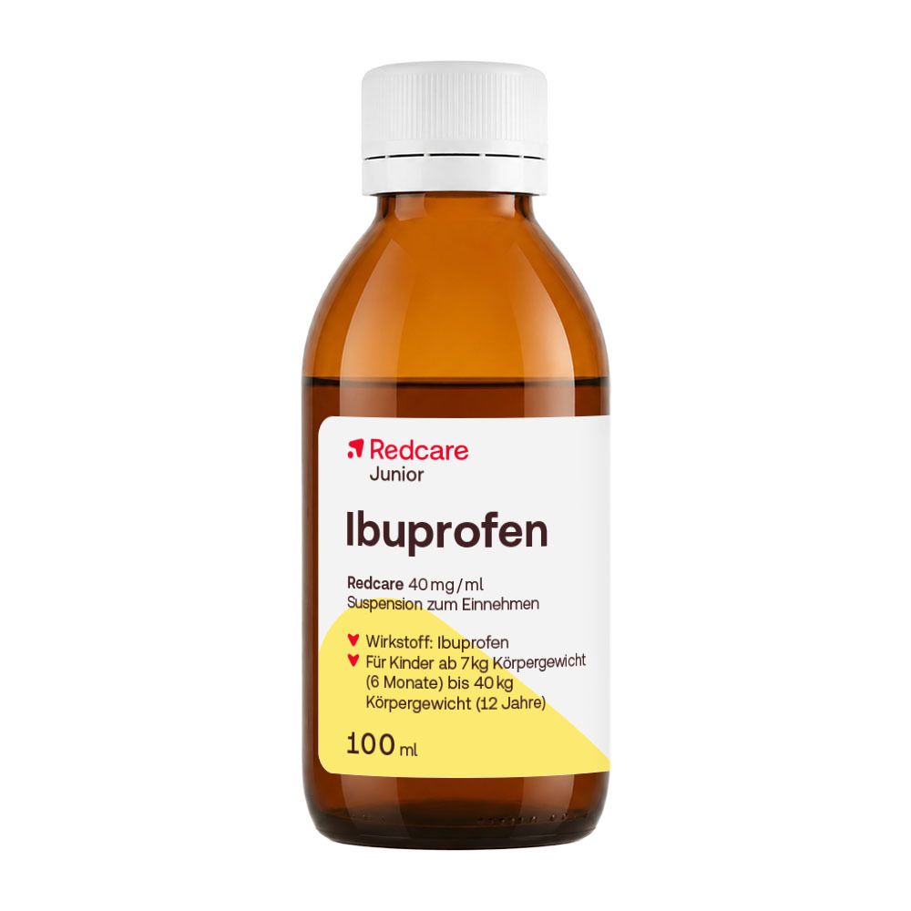 Redcare Junior Ibuprofen Suspension zum Einnehmen, 100 ml, neben der Produktverpackung.