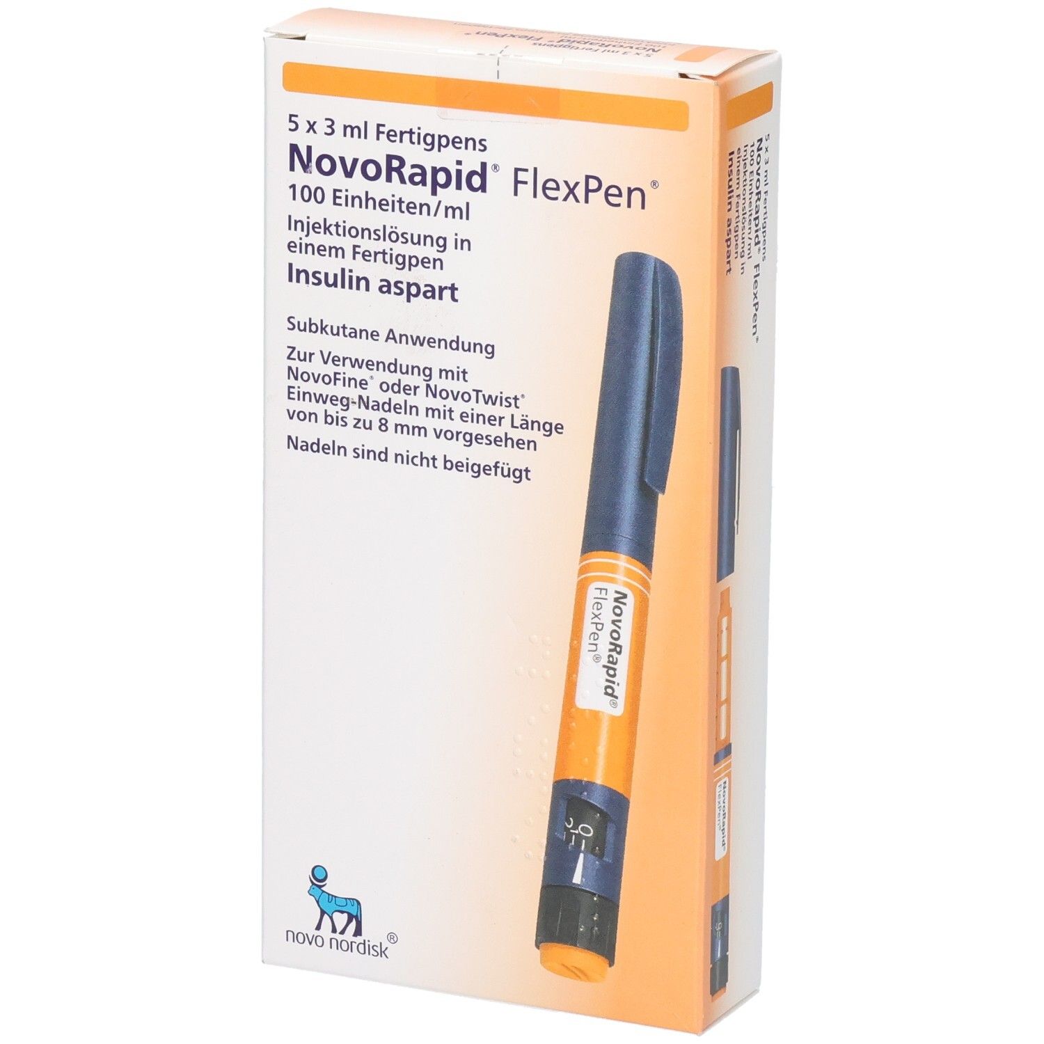 Packung mit 5 NovoRapid FlexPens, Injektionslösung mit Insulin aspart, 100 Einheiten/ml.