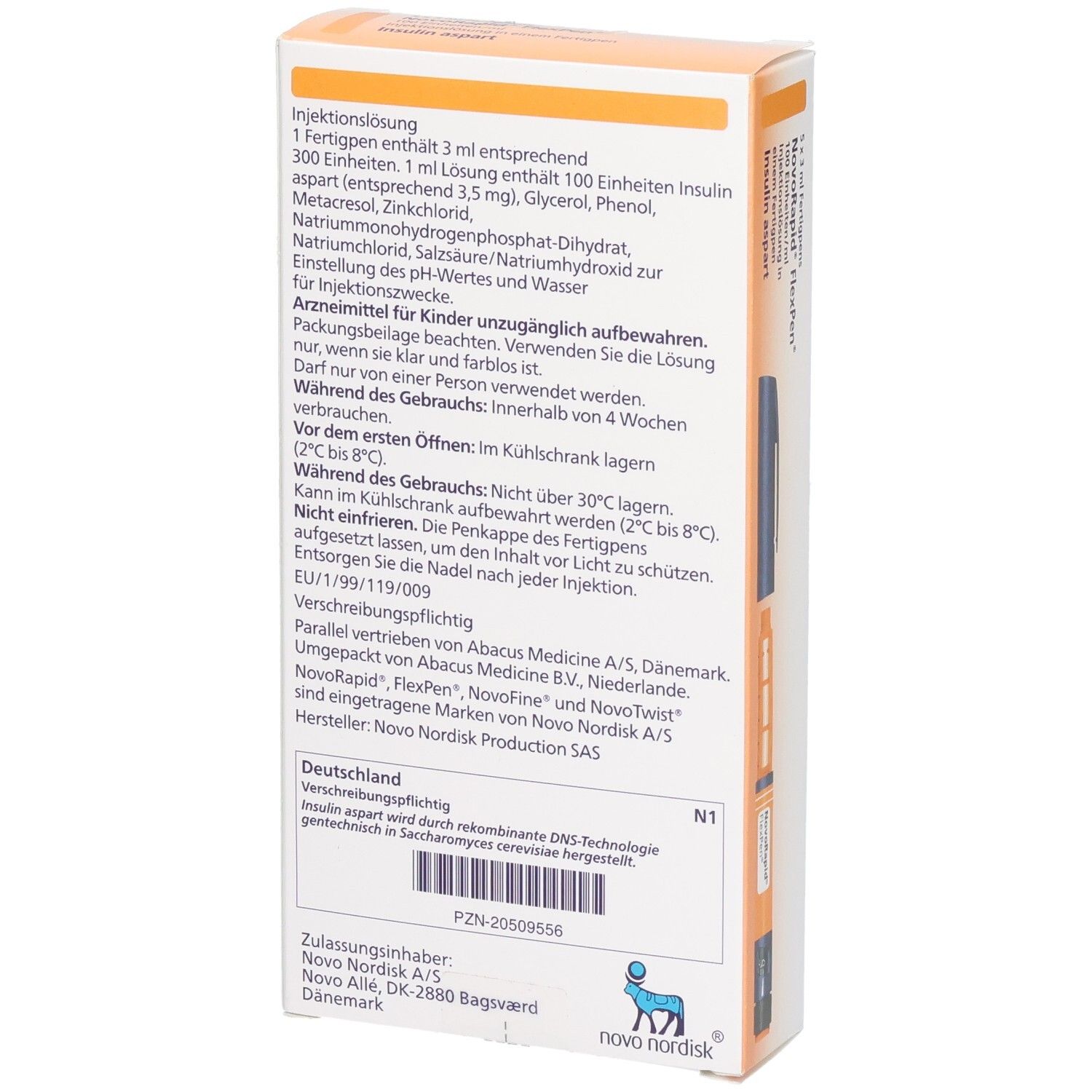 Rückseite einer Packung NovoRapid FlexPen mit Anwendungshinweisen und Inhaltsstoffen.