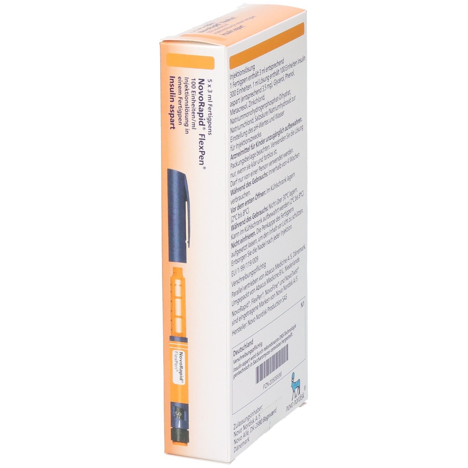 Seite einer Packung NovoRapid FlexPen mit Anwendungshinweisen und Inhaltsstoffen.