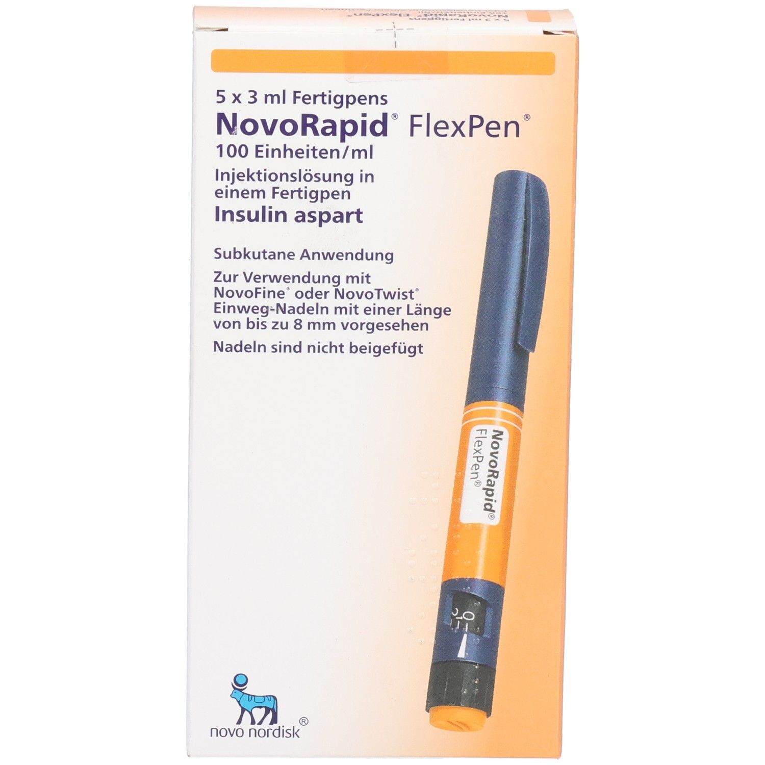 Packung mit 5 NovoRapid FlexPens, Injektionslösung mit Insulin aspart, 100 Einheiten/ml.