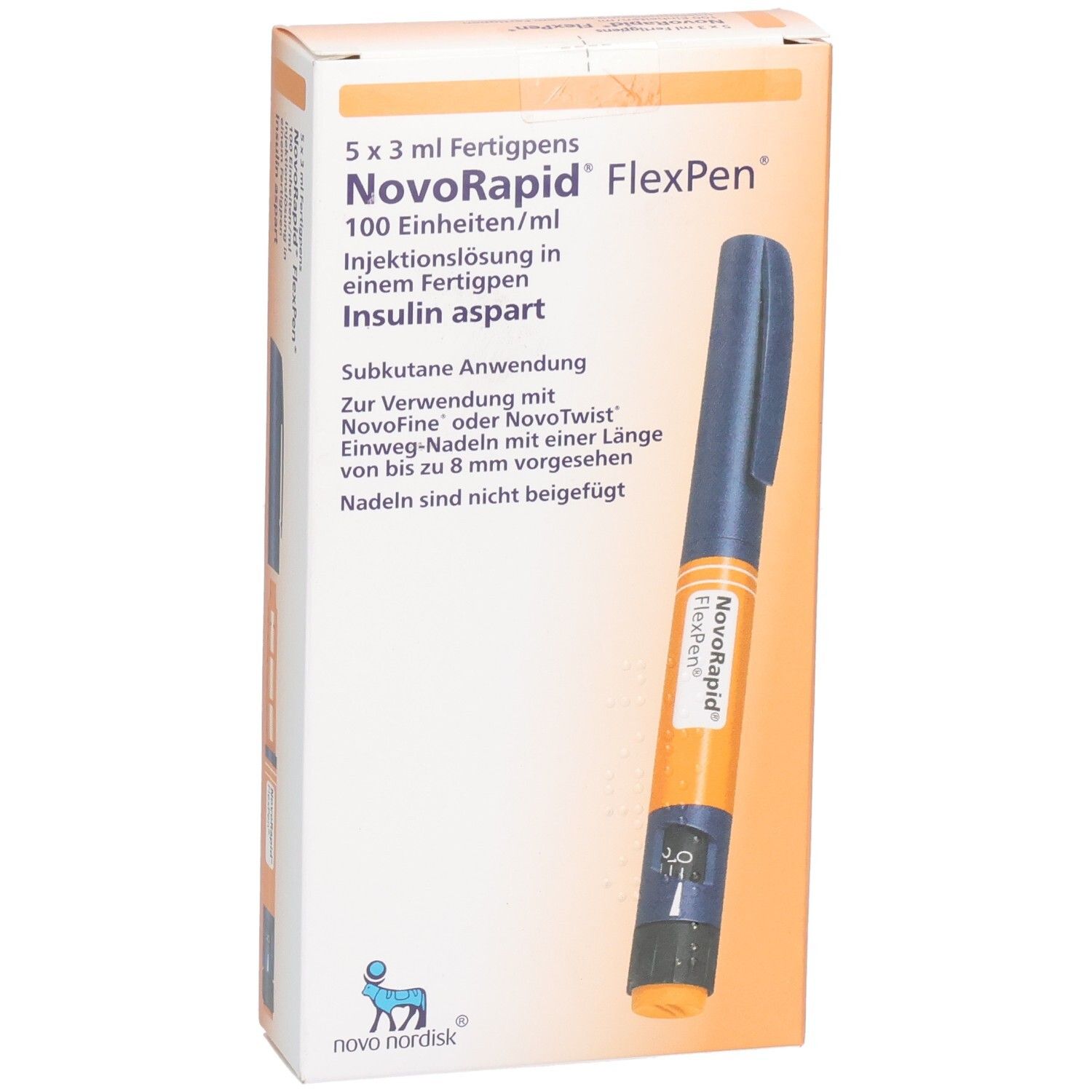 Packung mit 5 NovoRapid FlexPens, Injektionslösung mit Insulin aspart, 100 Einheiten/ml.