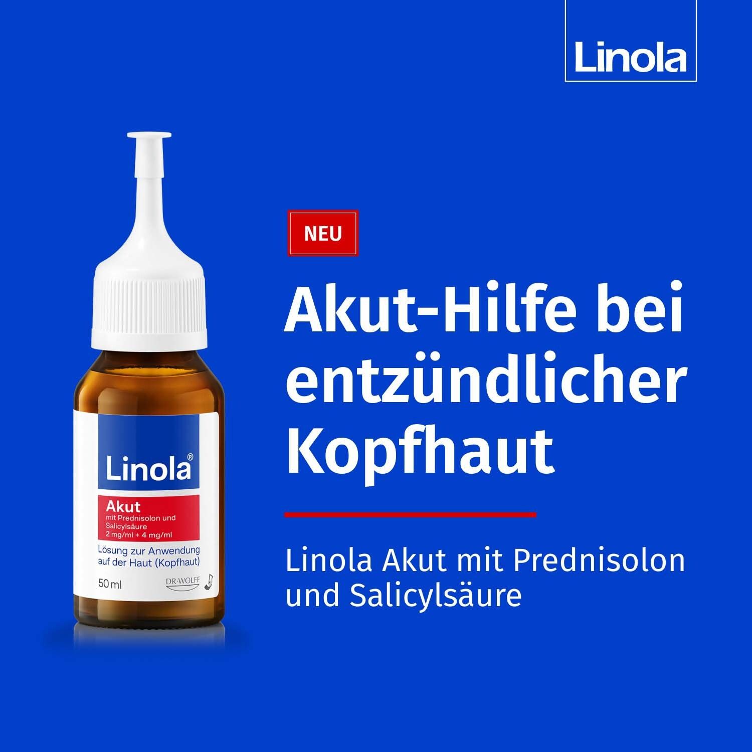 Blaue Grafik mit Linola Akut Flasche. Text: Akut-Hilfe bei entzündlicher Kopfhaut. Linola Akut mit Prednisolon und Salicylsäure.