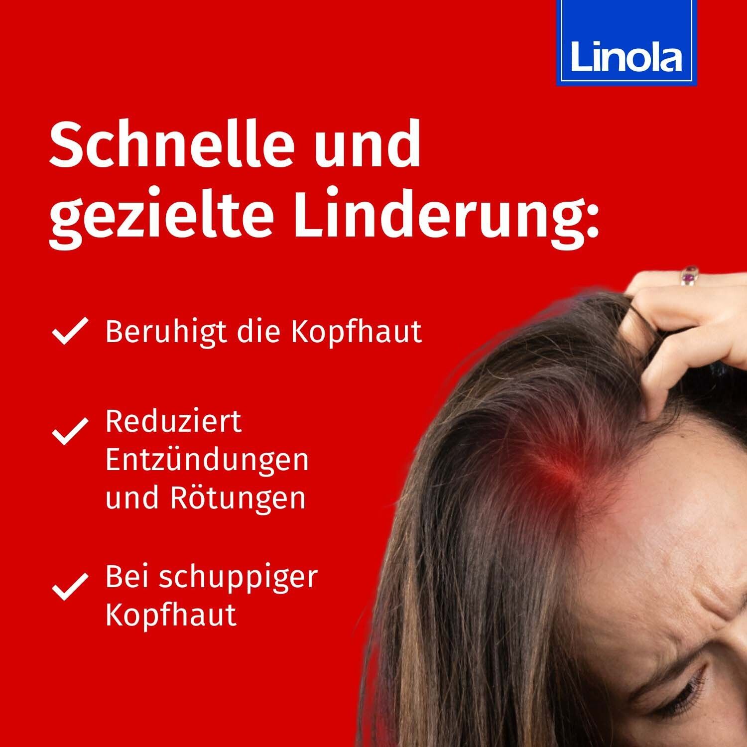 Roter Hintergrund mit Text und Frau. Text: Schnelle und gezielte Linderung. Beruhigt die Kopfhaut. Reduziert Entzündungen.
