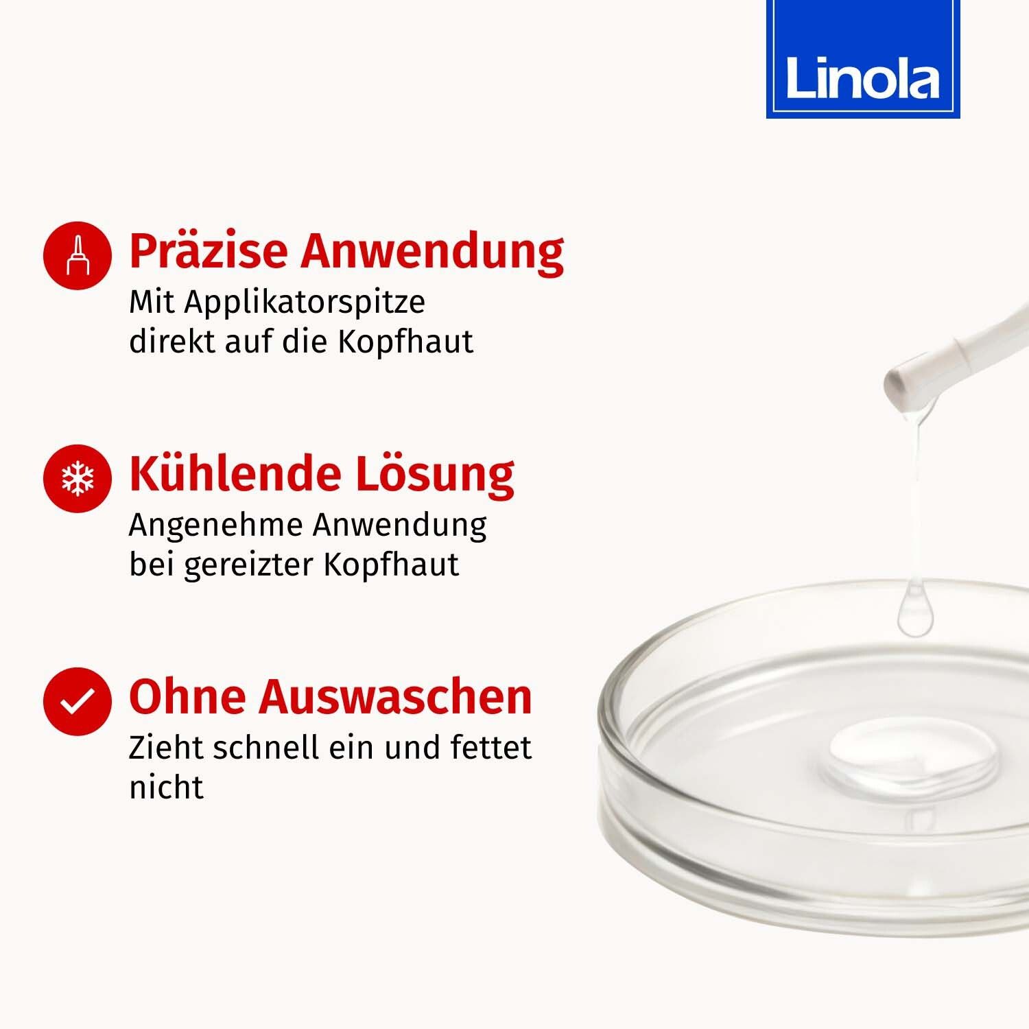 Grafik mit Tropfen und Text. Präzise Anwendung. Kühlende Lösung. Ohne Auswaschen. Linola Akut Lösung mit Applikatorspitze.