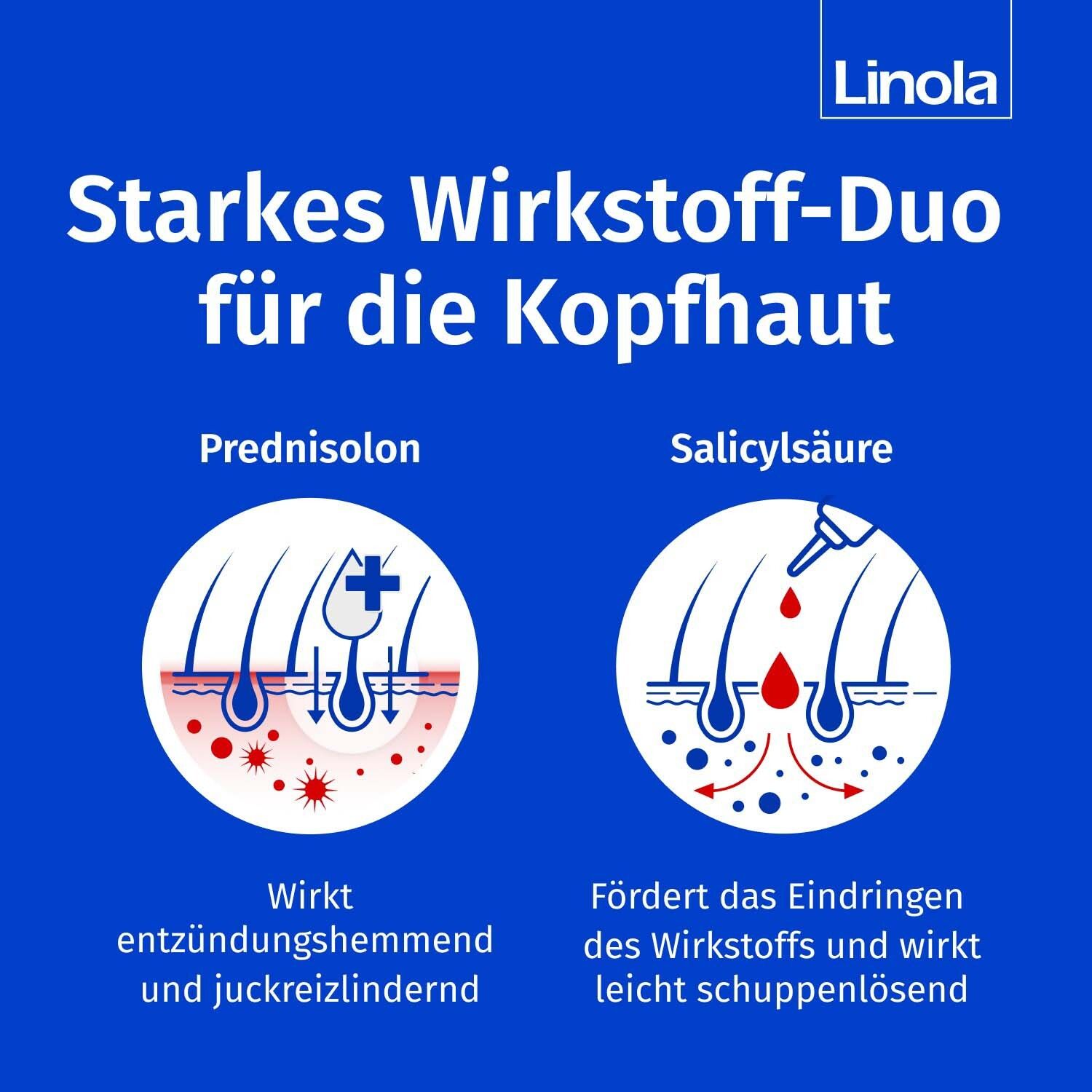 Blaue Grafik mit Illustrationen. Prednisolon und Salicylsäure. Wirkt entzündungshemmend. Fördert das Eindringen der Wirkstoffe.